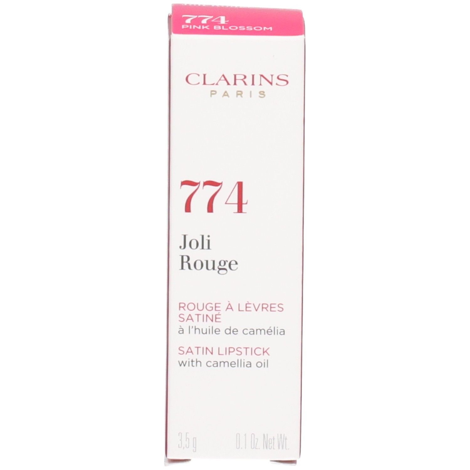 Rouge à Lèvres Satin Clarins, teinte 774 Pink Blossom, à l'huile de camélia.