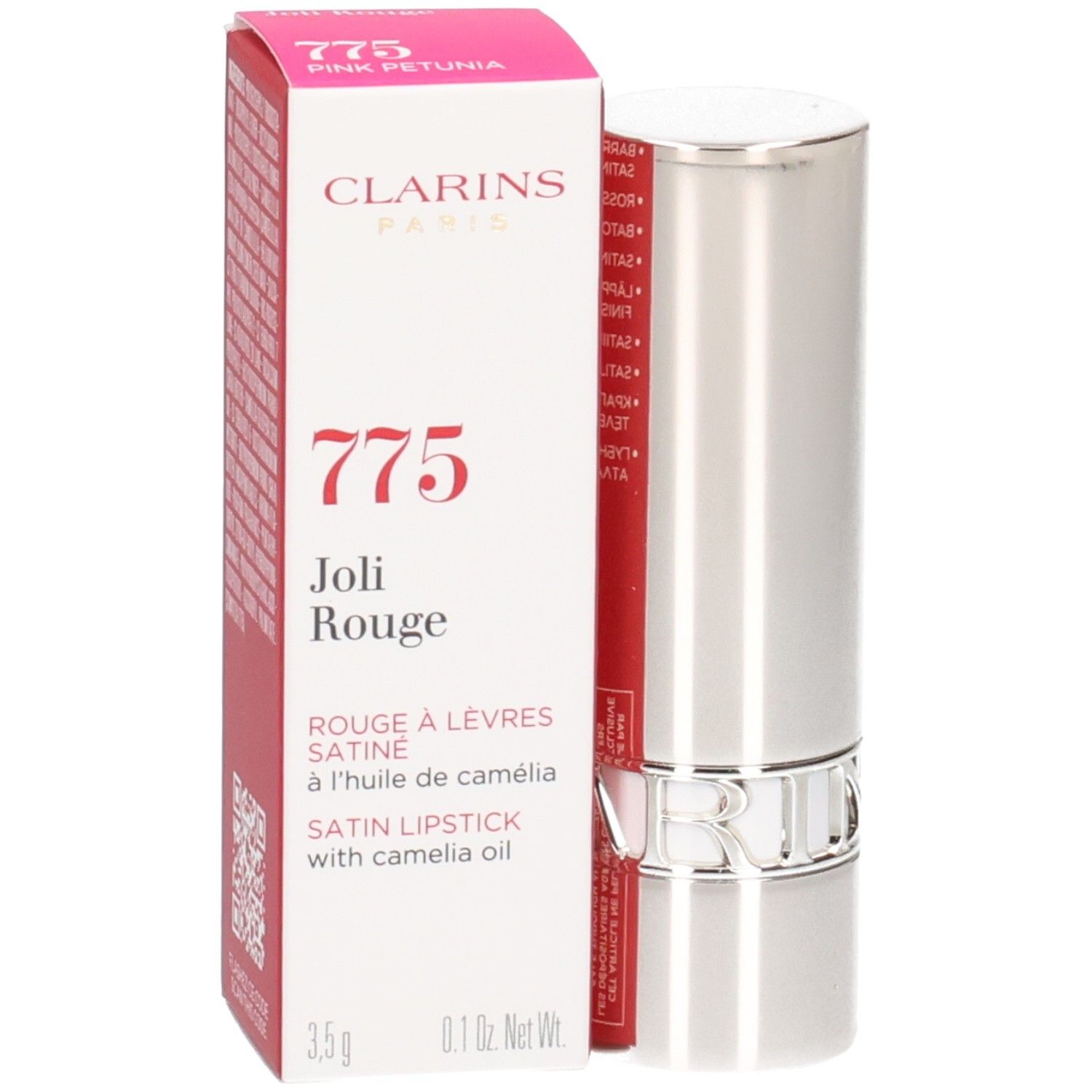 Rouge à lèvres Joli Rouge Clarins 775 Pink Petunia, tube argenté et boîte.