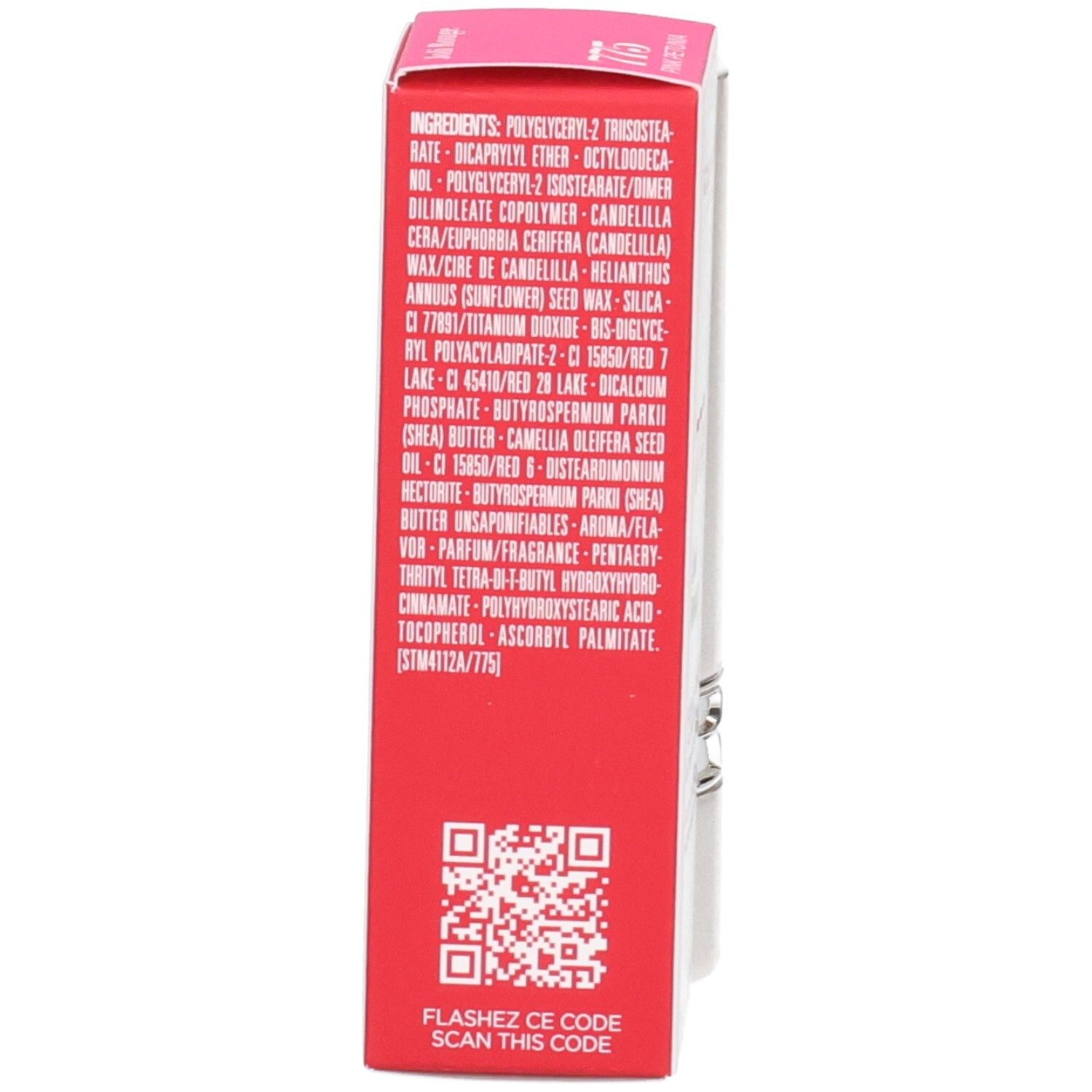 Rouge à lèvres Joli Rouge Clarins 775 Pink Petunia, arrière de la boîte avec ingrédients.