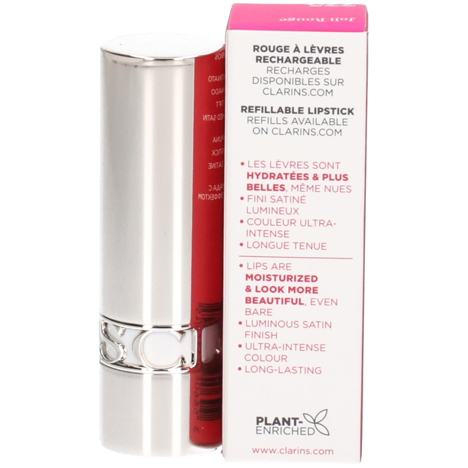 Rouge à lèvres Joli Rouge Clarins 775 Pink Petunia, tube argenté avec bâton de rouge à lèvres rouge.