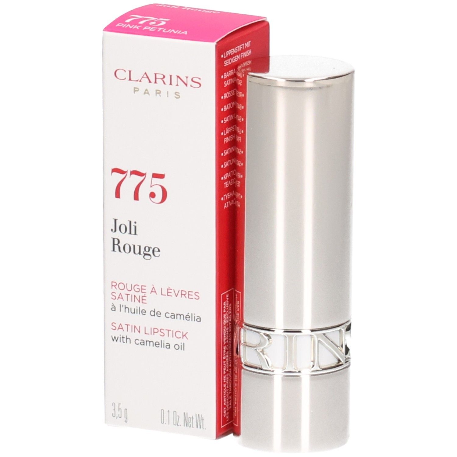 Rouge à lèvres Joli Rouge Clarins 775 Pink Petunia, tube argenté et boîte.