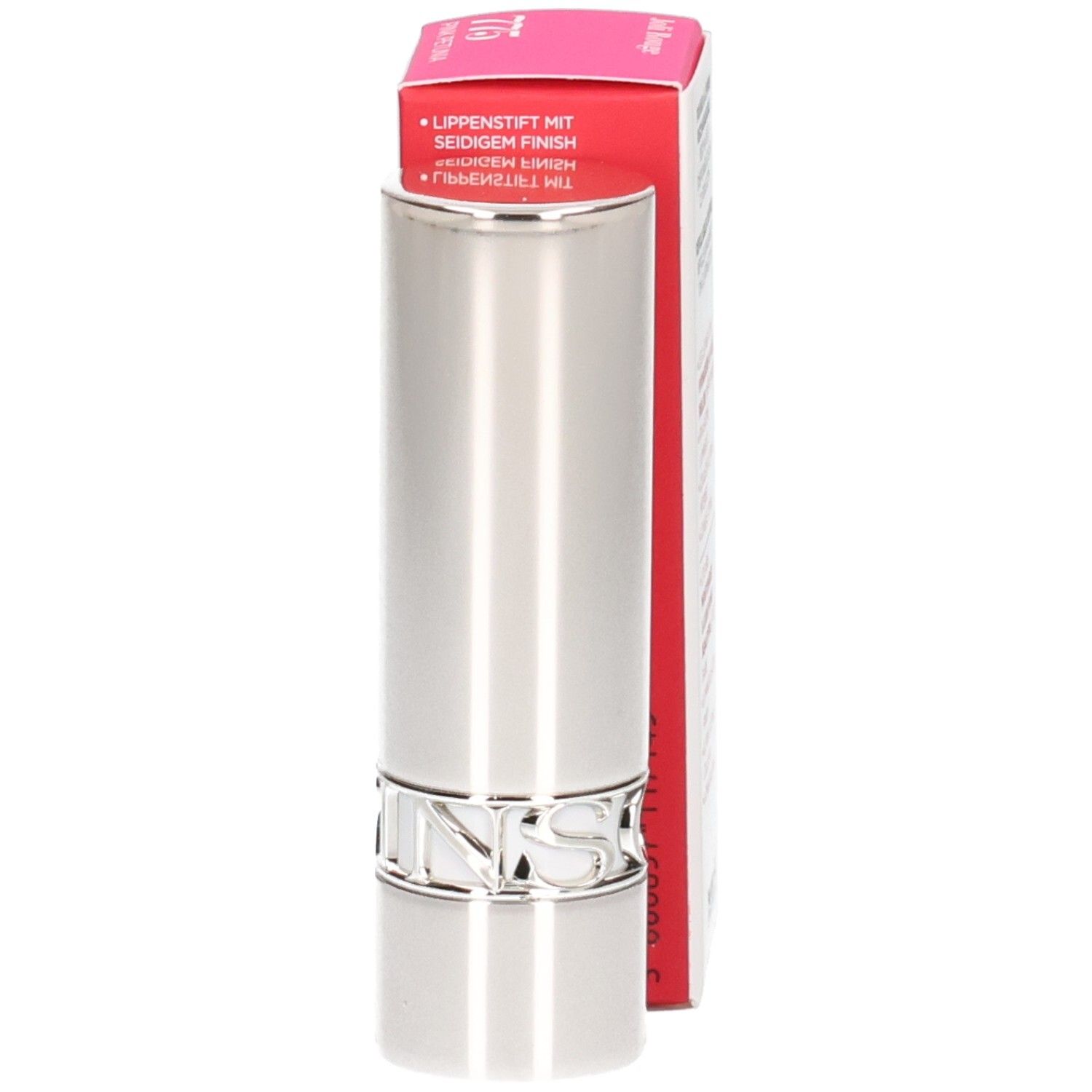 Rouge à lèvres Joli Rouge Clarins 775 Pink Petunia, tube argenté avec logo.