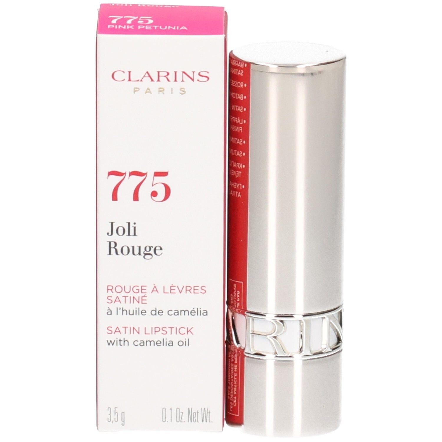 Rouge à lèvres Joli Rouge Clarins 775 Pink Petunia, tube argenté et boîte.
