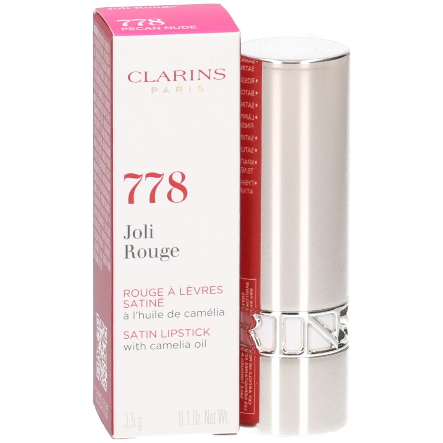 Rouge à lèvres satiné Clarins Joli Rouge 778 Pecan Nude, tube argenté et boîte.