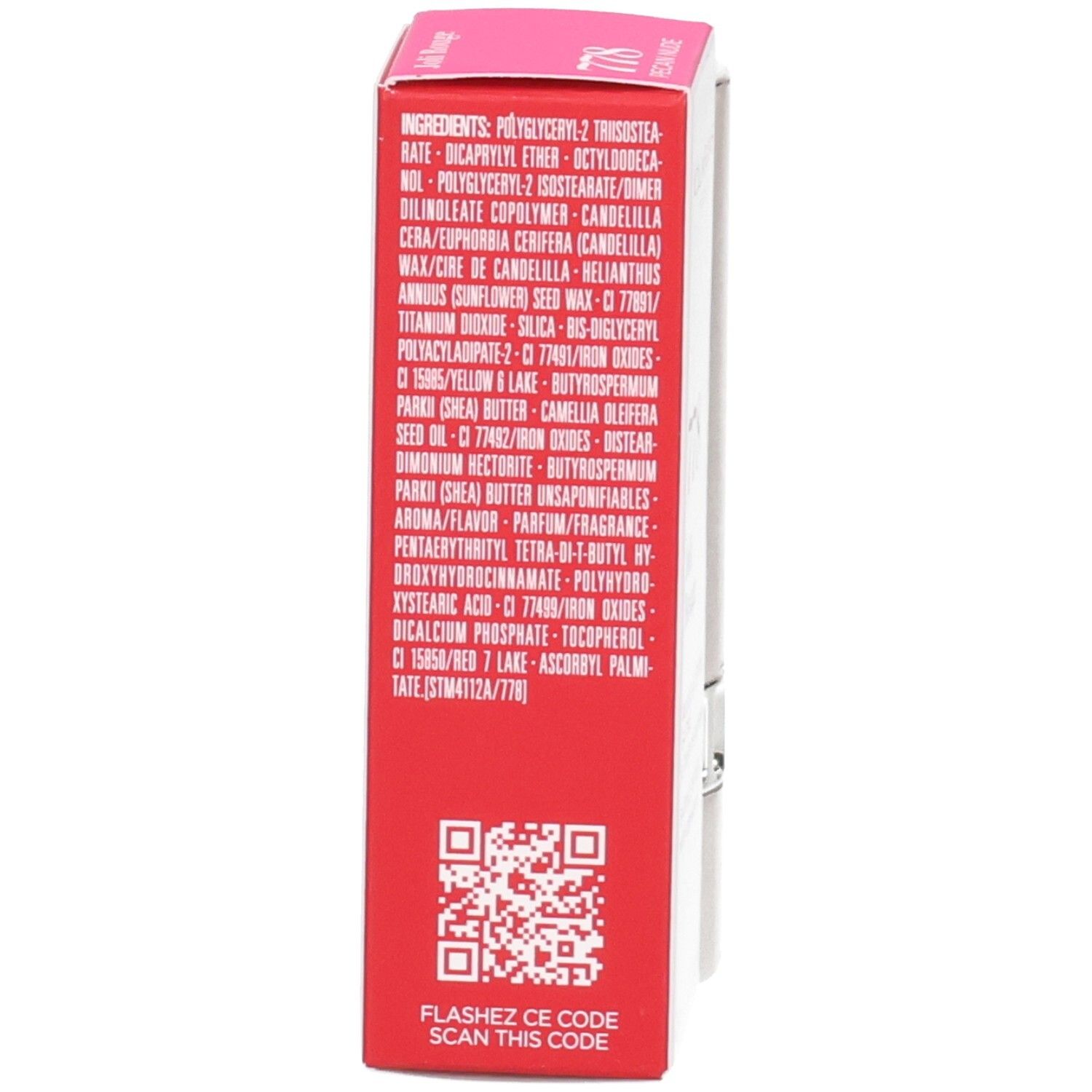 Rouge à lèvres satiné Clarins Joli Rouge 778 Pecan Nude : vue latérale des ingrédients sur la boîte.