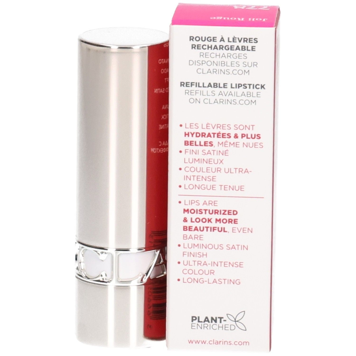 Rouge à lèvres satiné Clarins Joli Rouge 778 Pecan Nude : rouge à lèvres rechargeable, tube argenté et boîte.