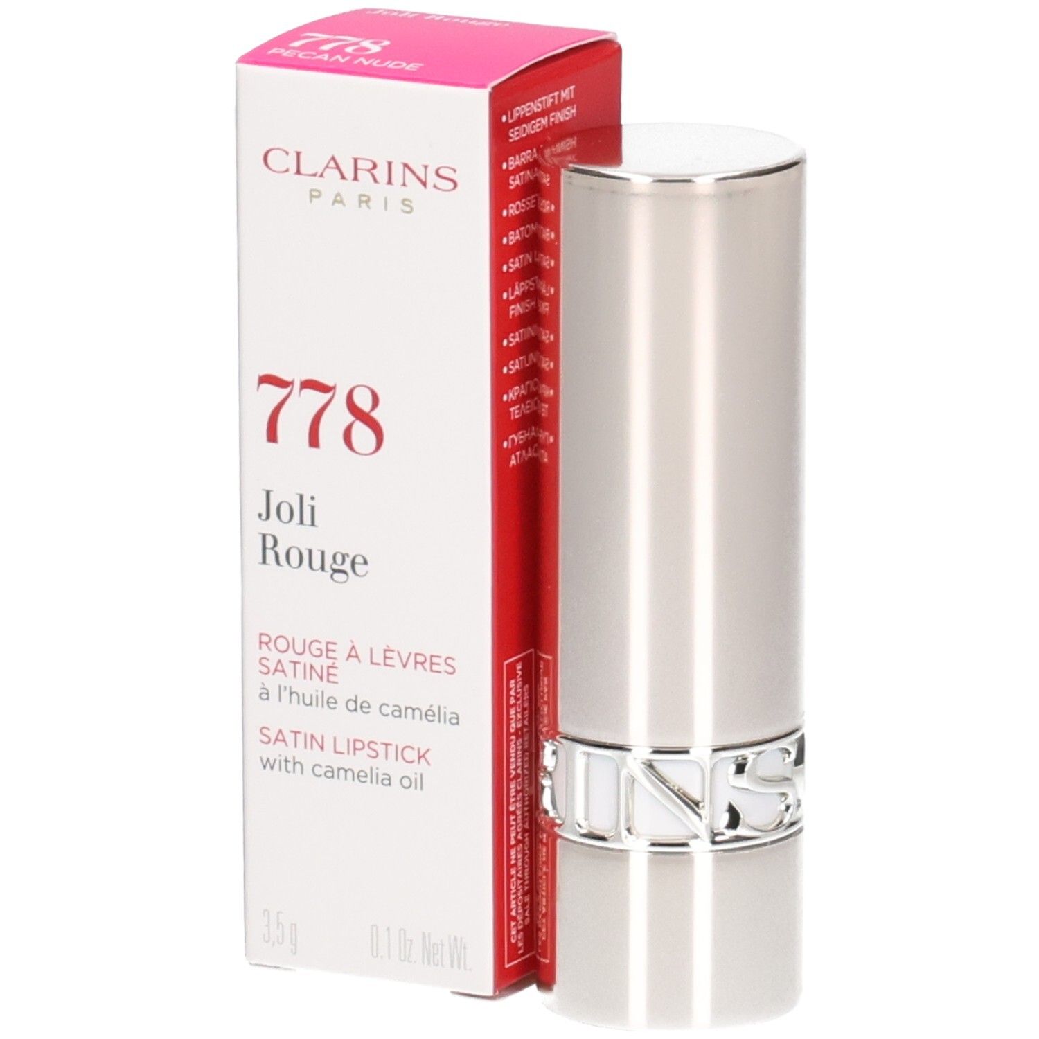Rouge à lèvres satiné Clarins Joli Rouge 778 Pecan Nude, tube argenté et boîte.