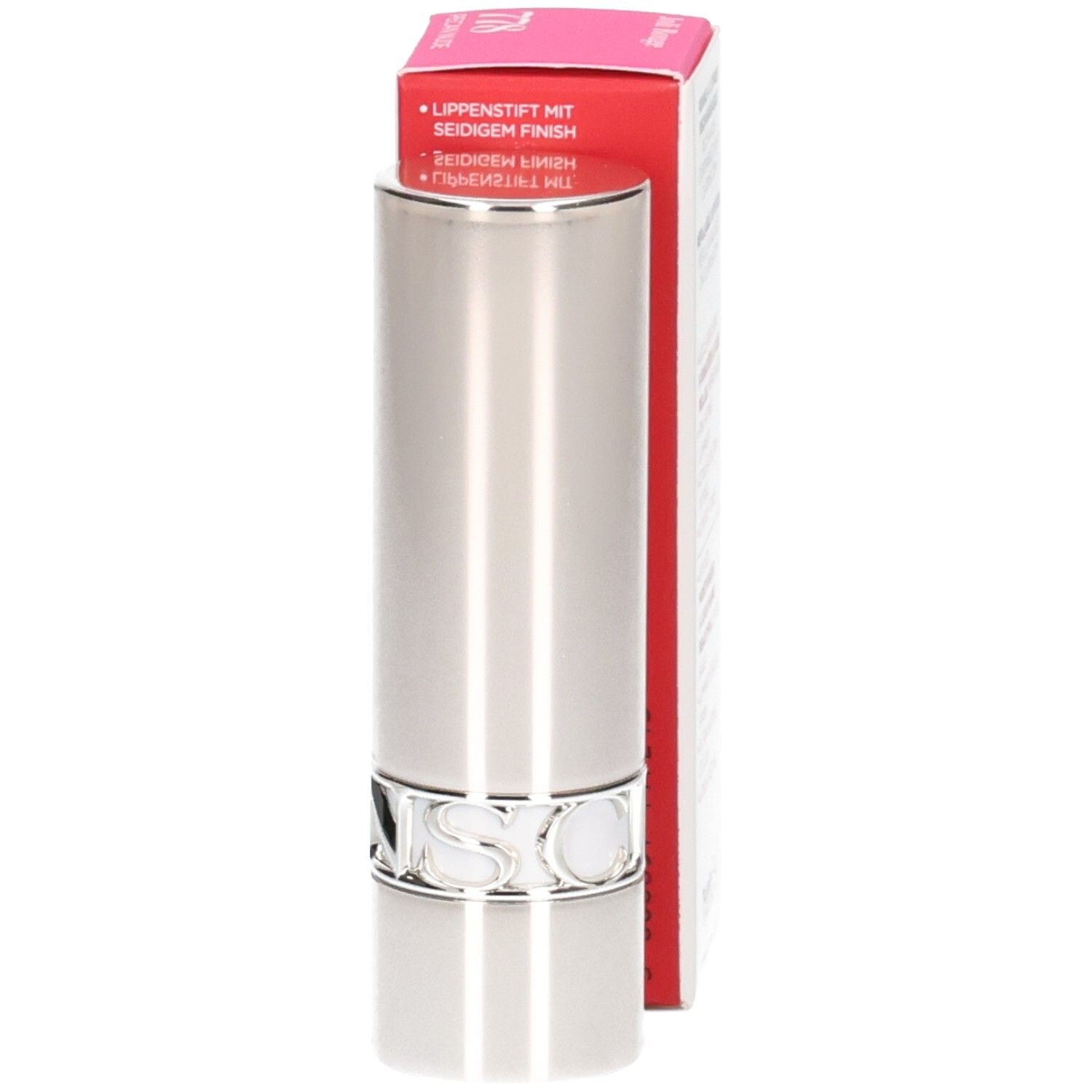 Rouge à lèvres satiné Clarins Joli Rouge 778 Pecan Nude : tube argenté avec logo et boîte rouge.