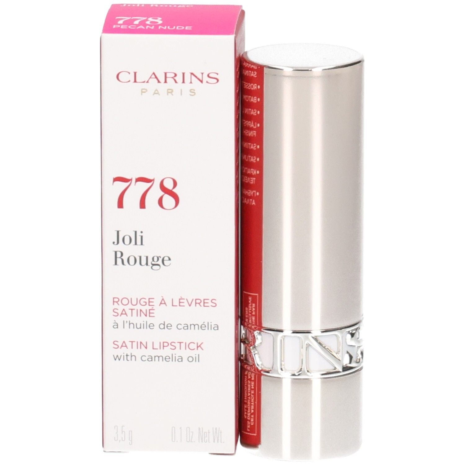 Rouge à lèvres satiné Clarins Joli Rouge 778 Pecan Nude, tube argenté et boîte.