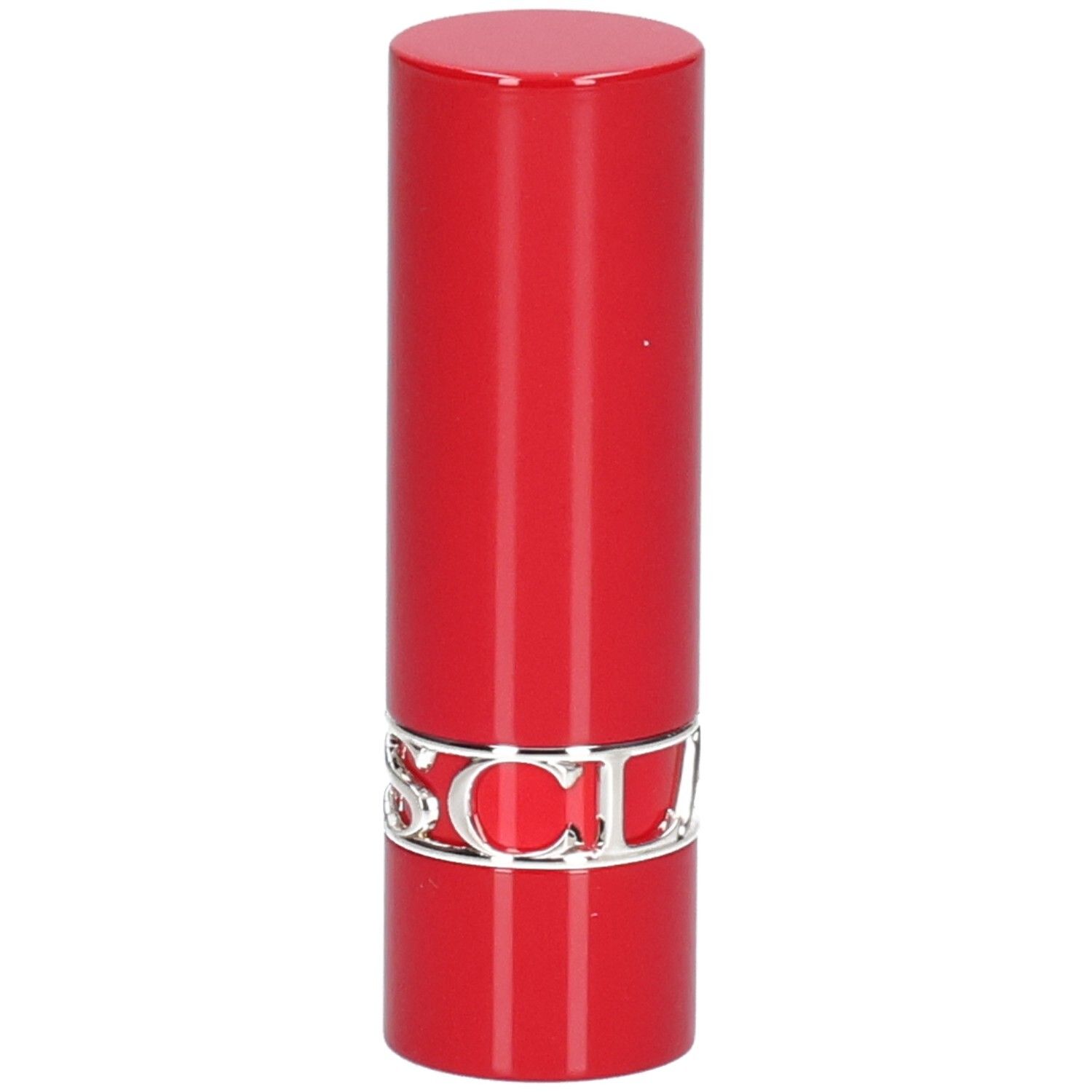 Rouge à lèvres rouge avec inscription argentée de la marque.