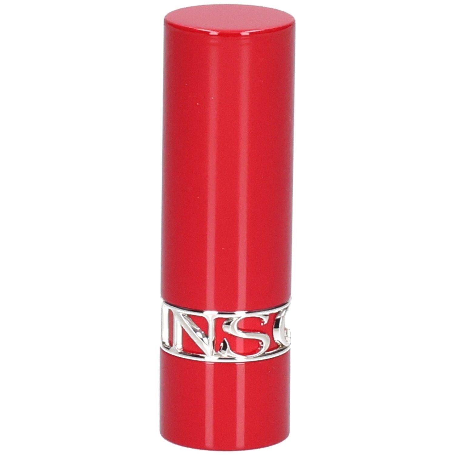 Rouge à lèvres rouge avec inscription argentée de la marque.