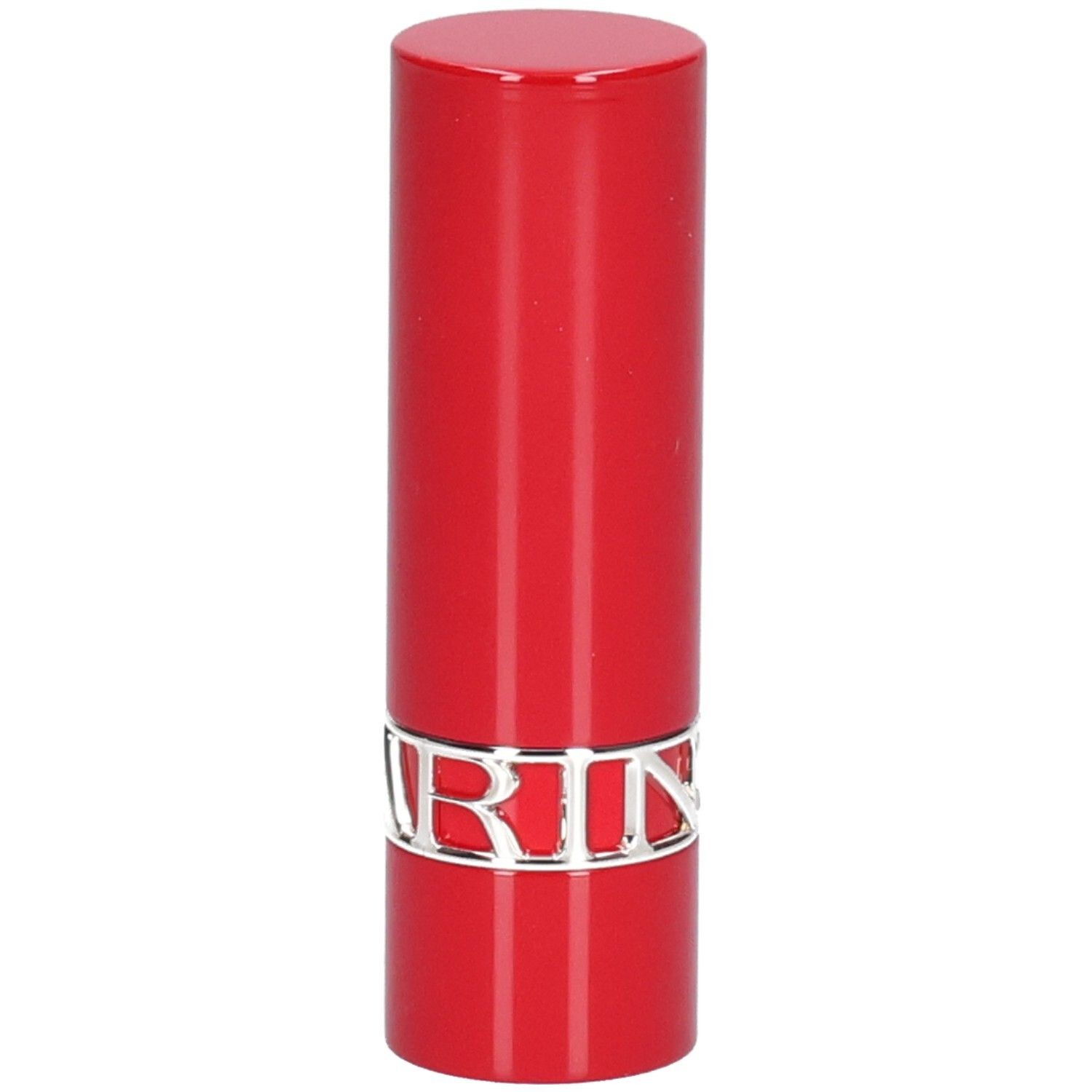 Rouge à lèvres rouge avec inscription argentée de la marque.