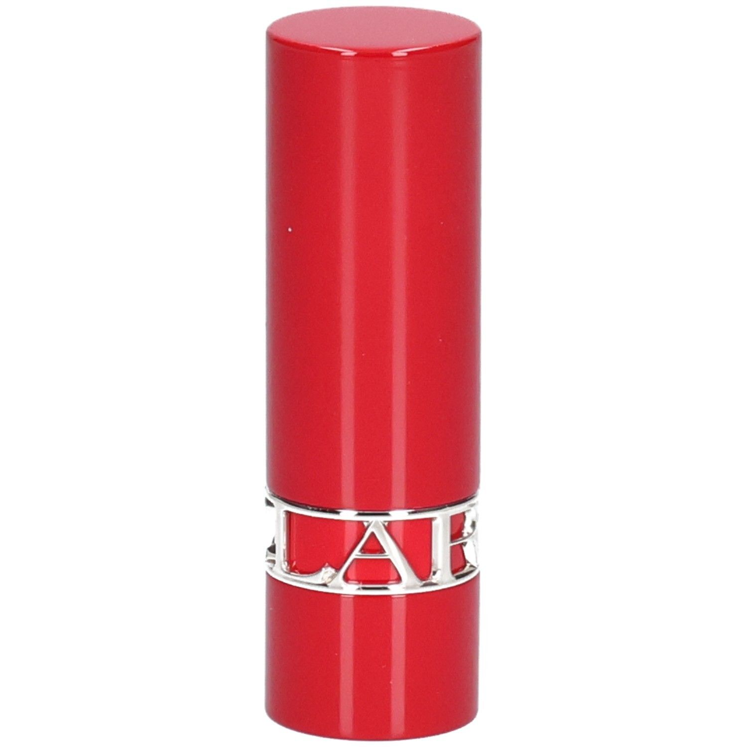 Rouge à lèvres rouge avec inscription argentée de la marque.