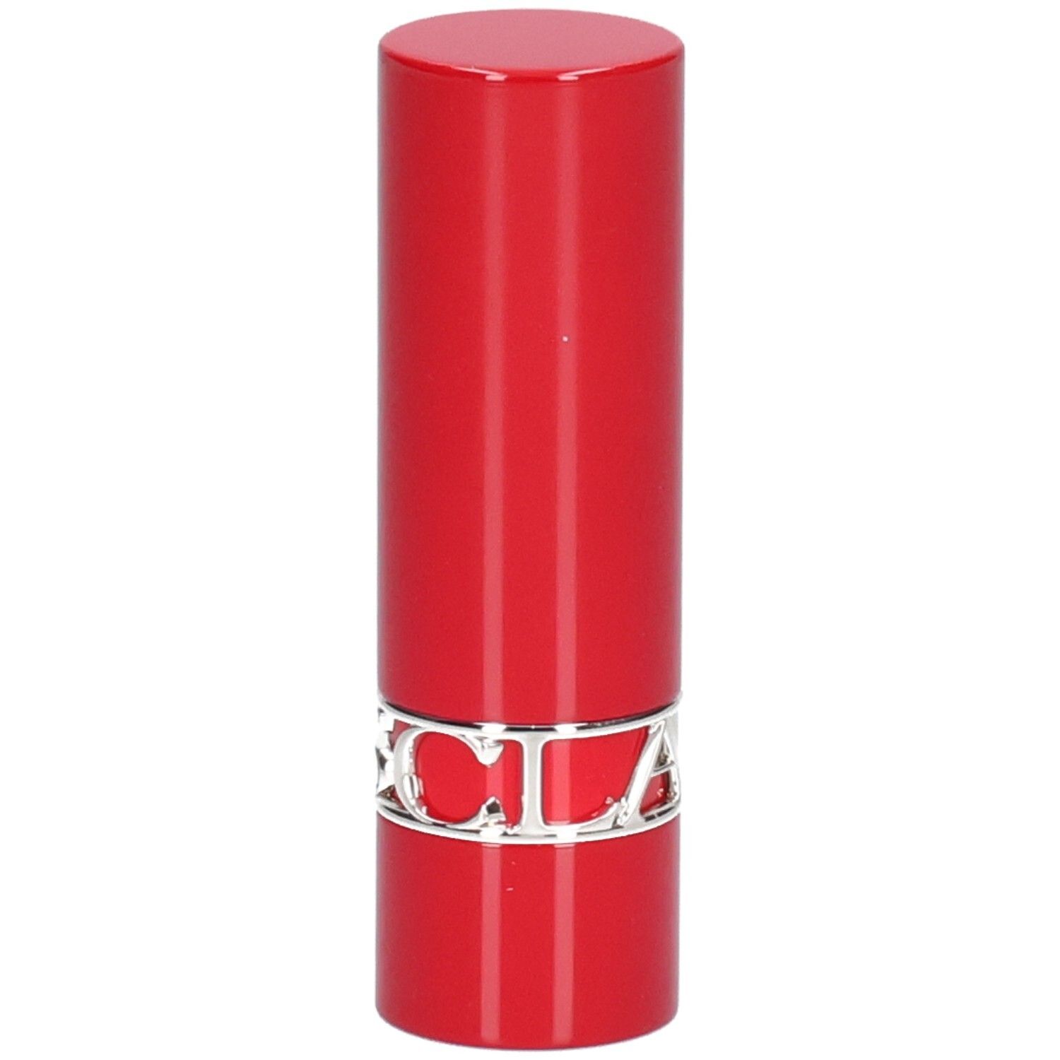 Rouge à lèvres rouge avec inscription argentée de la marque.
