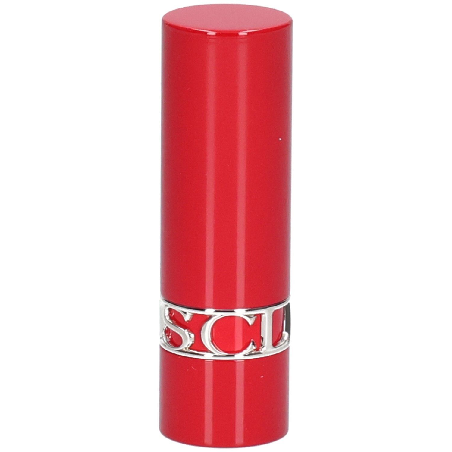 Rouge à lèvres rouge avec inscription argentée de la marque.