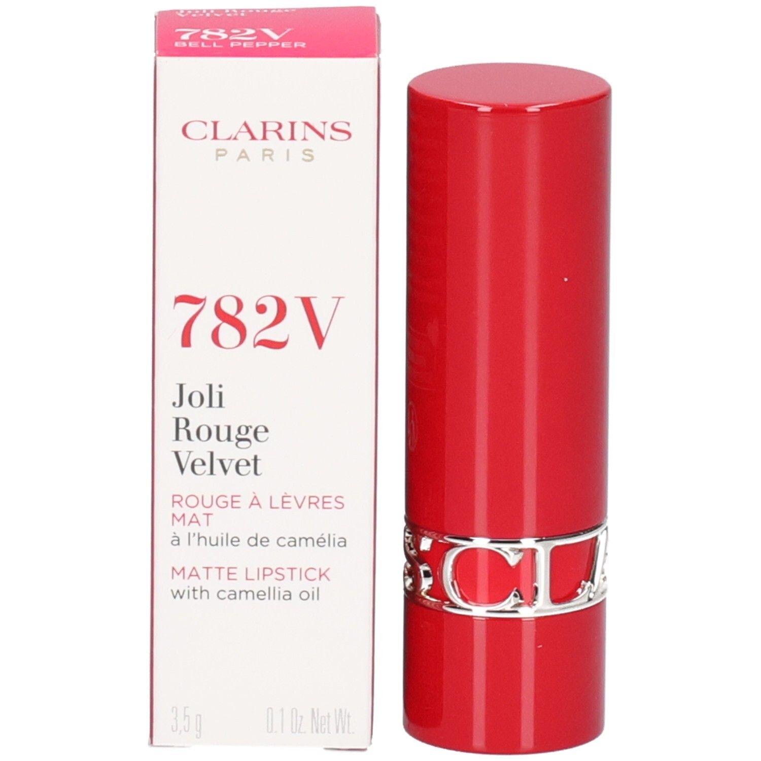 Clarins Joli Rouge Velvet 782V mat, rouge à lèvres rouge avec emballage.