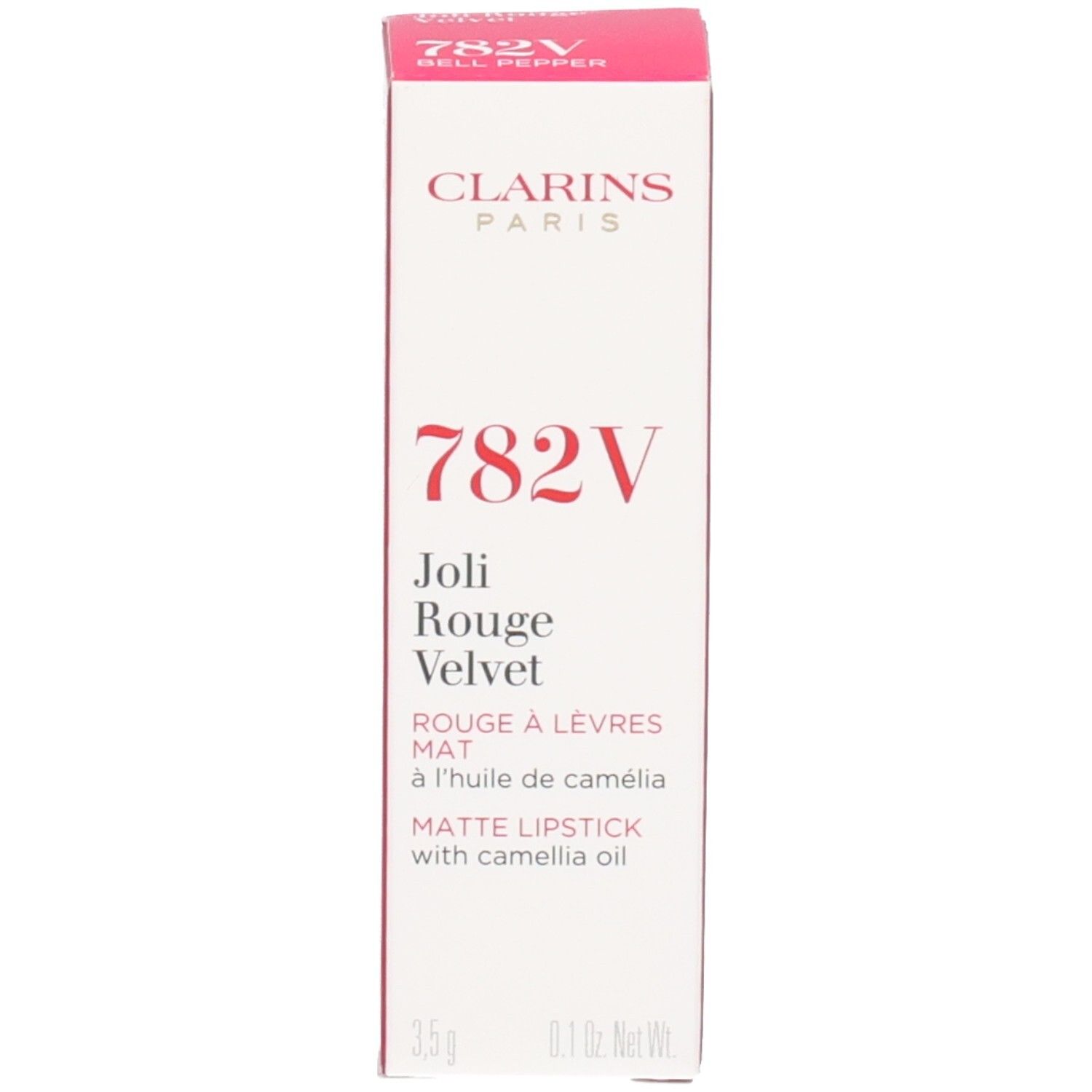 Clarins Joli Rouge Velvet 782V mat, rouge à lèvres rouge avec emballage.