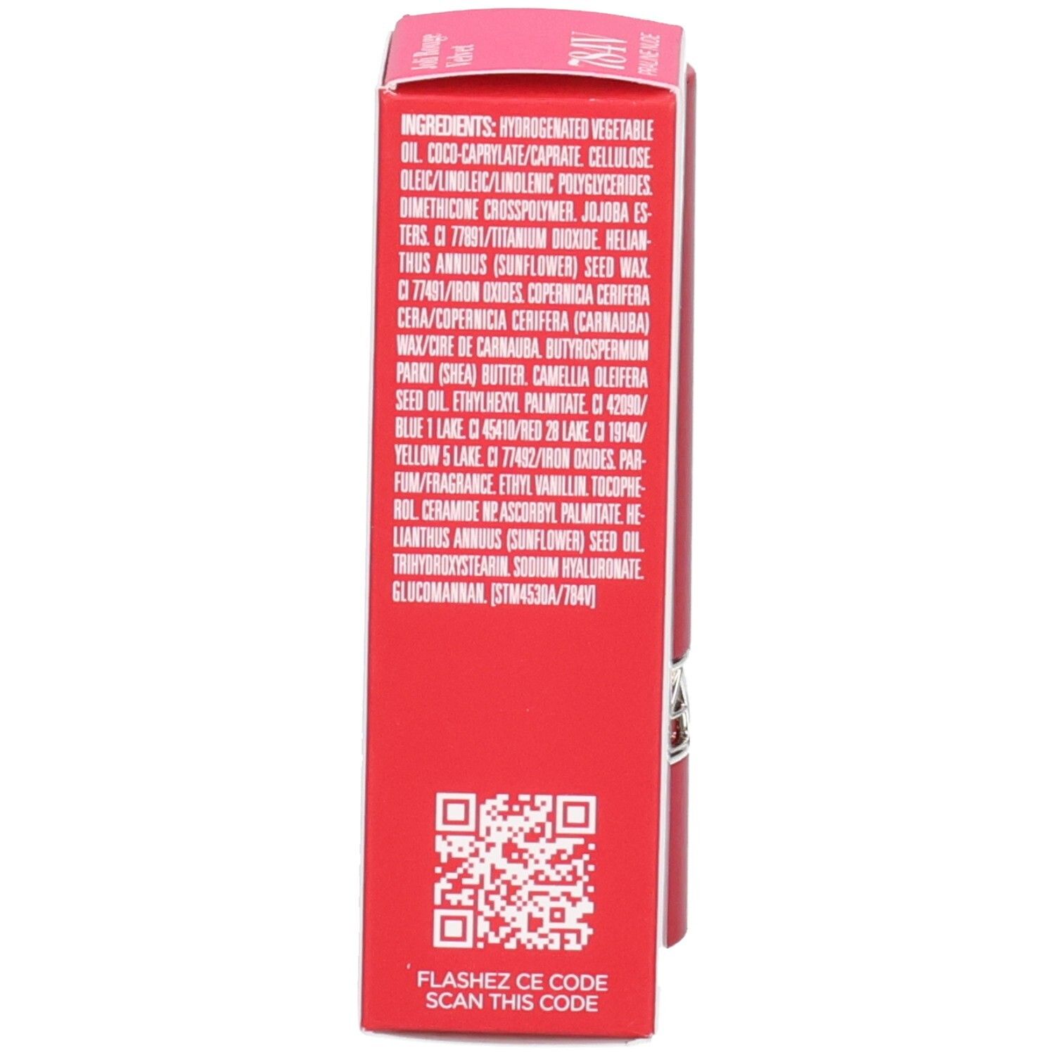 Rouge à lèvres mat Clarins Joli Rouge Velvet 784V Praline Nude, vue latérale de l'emballage avec ingrédients.