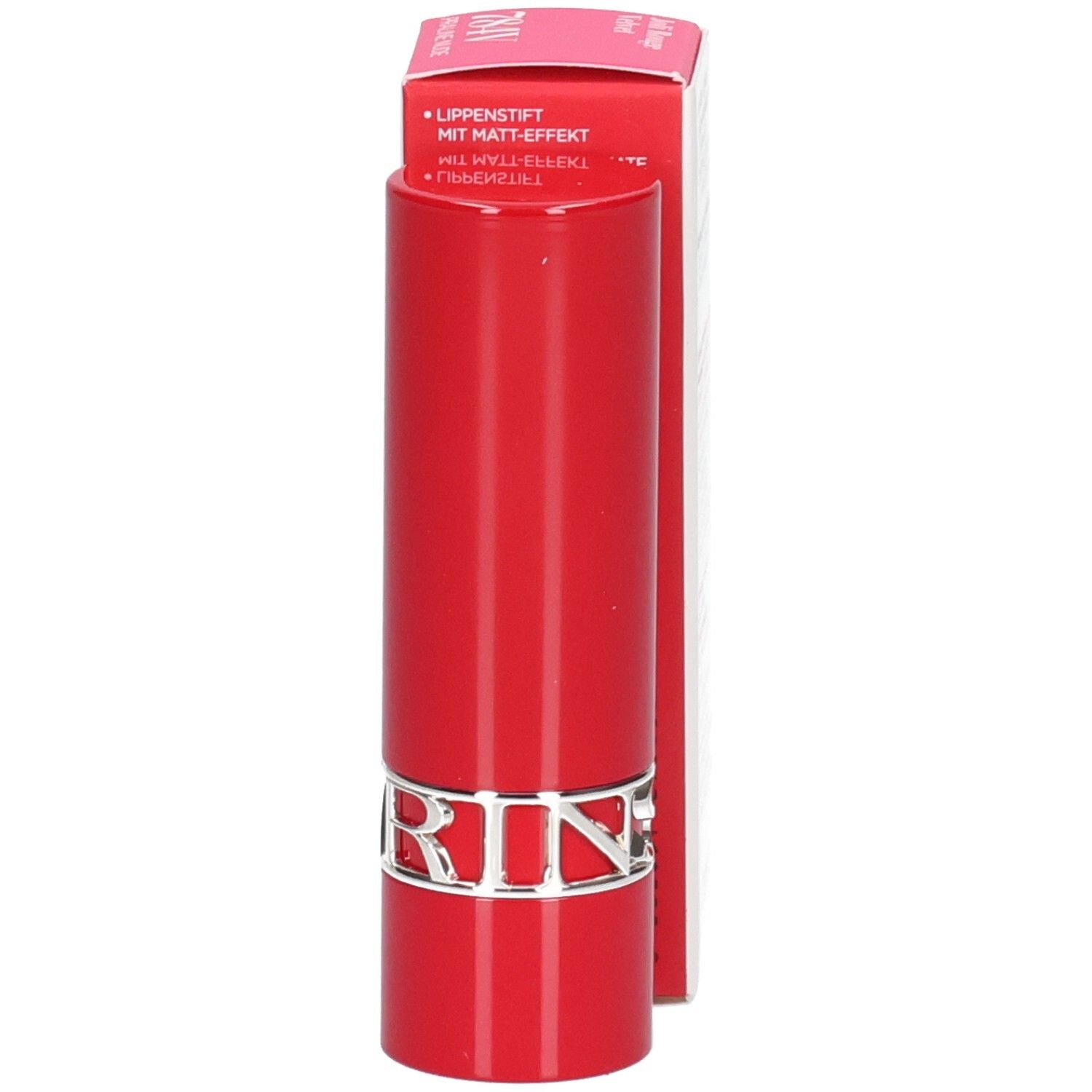 Rouge à lèvres mat Clarins Joli Rouge Velvet 784V Praline Nude, tube rouge avec anneau argenté, vue arrière.