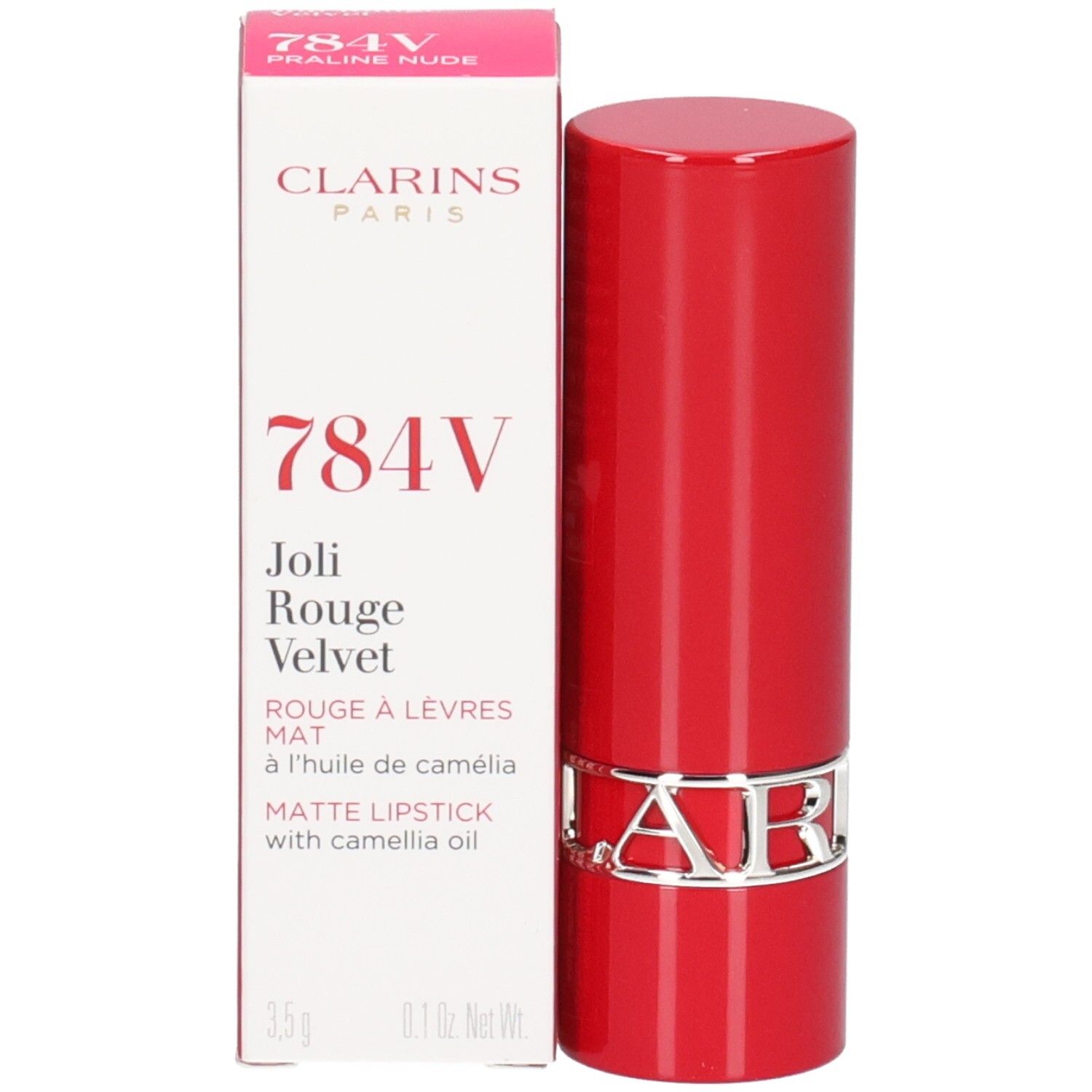 Rouge à lèvres mat Clarins Joli Rouge Velvet 784V Praline Nude, tube rouge avec anneau argenté, emballage.