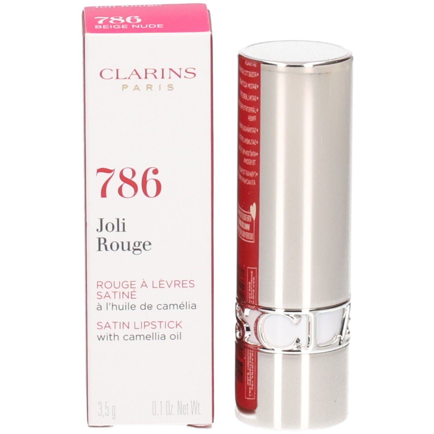 Rouge à lèvres satiné Clarins Joli Rouge 786 Rosewood dans son tube argenté, à côté de sa boîte.