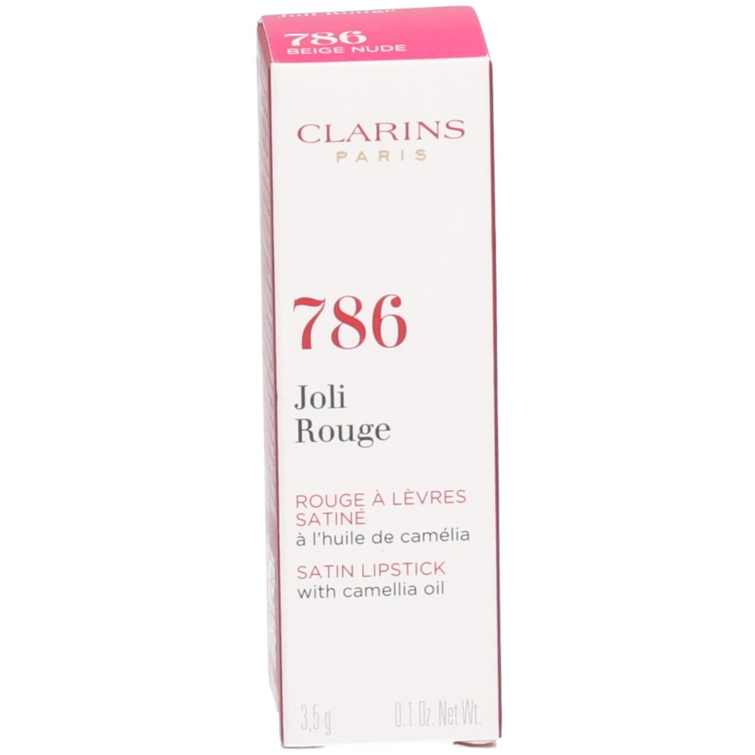 Rouge à lèvres satiné Clarins Joli Rouge 786 Rosewood dans son tube argenté, à côté de sa boîte.