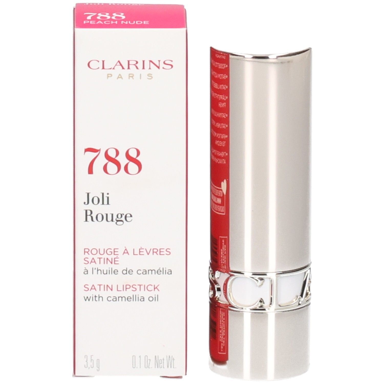 Rouge à lèvres Joli Rouge Satin Clarins, teinte 788 Peach Nude, dans son tube argenté à côté de sa boîte.