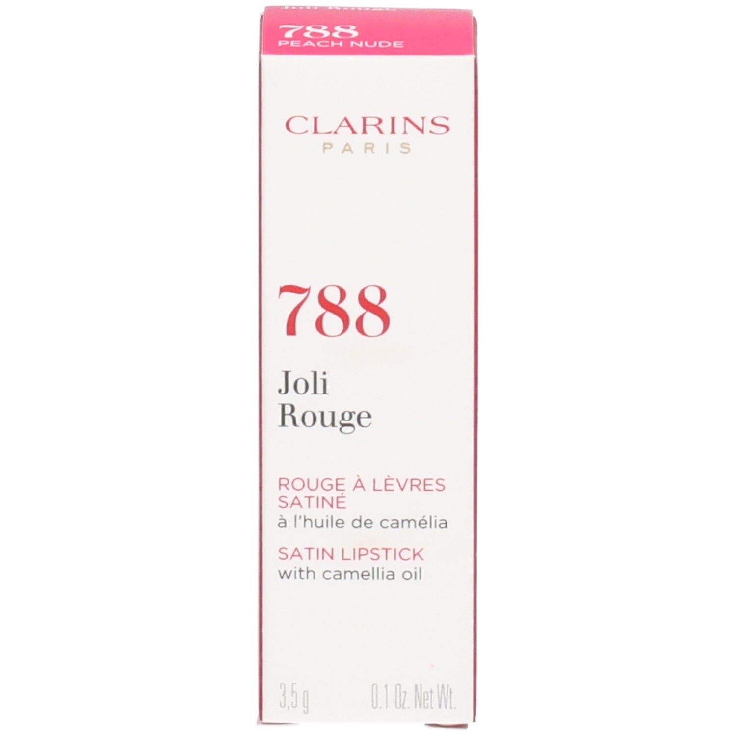Boîte du rouge à lèvres Joli Rouge Satin Clarins, teinte 788 Peach Nude, avec informations produit.