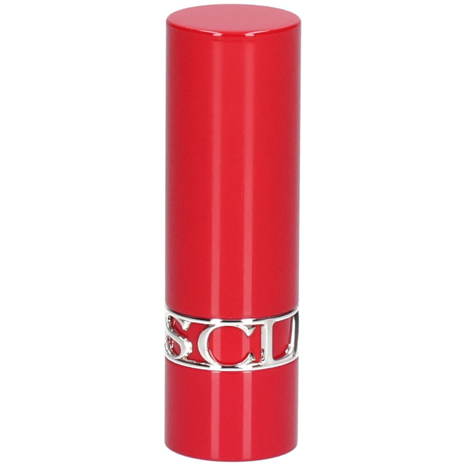 Rouge à lèvres rouge avec un anneau argenté.