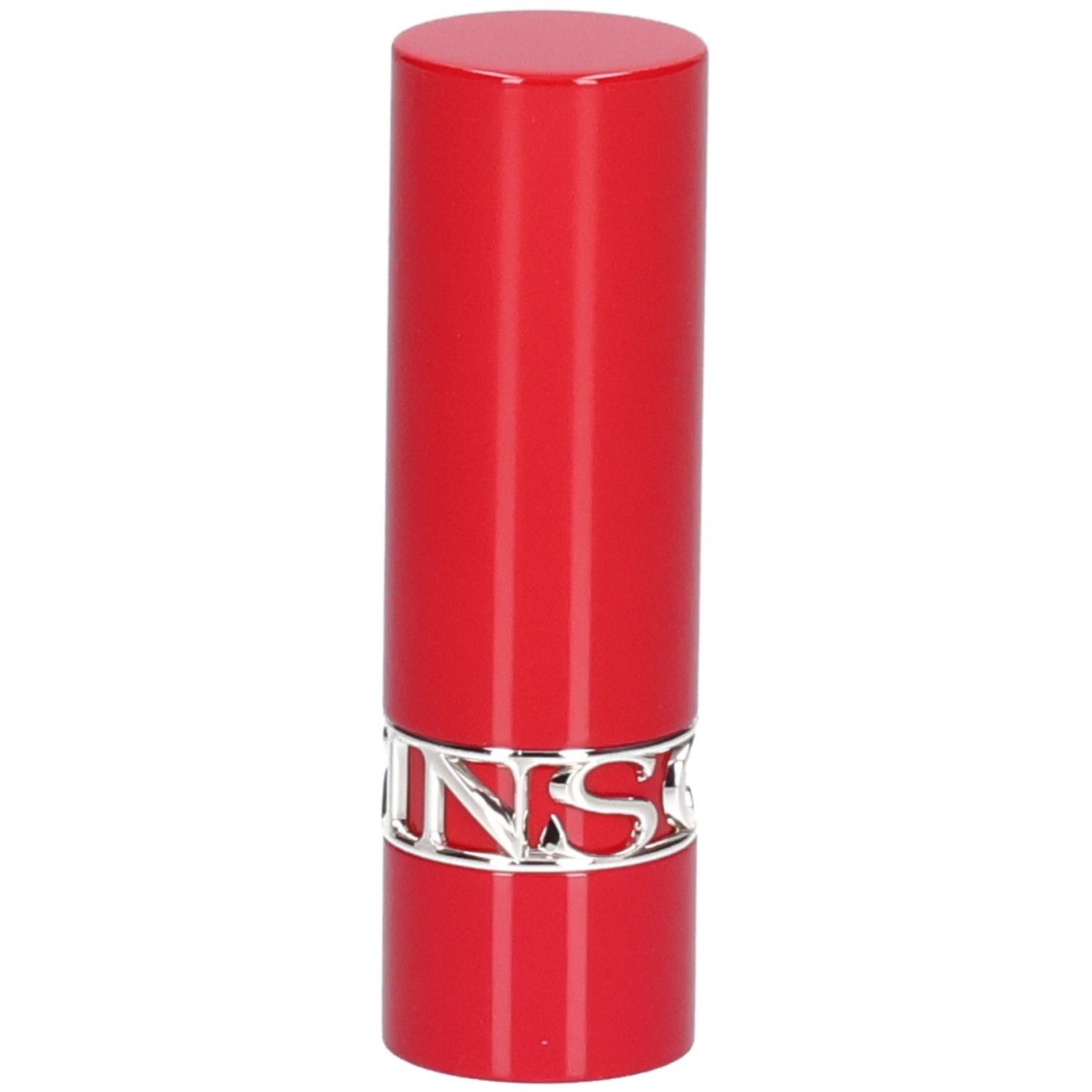 Rouge à lèvres rouge avec un anneau argenté.
