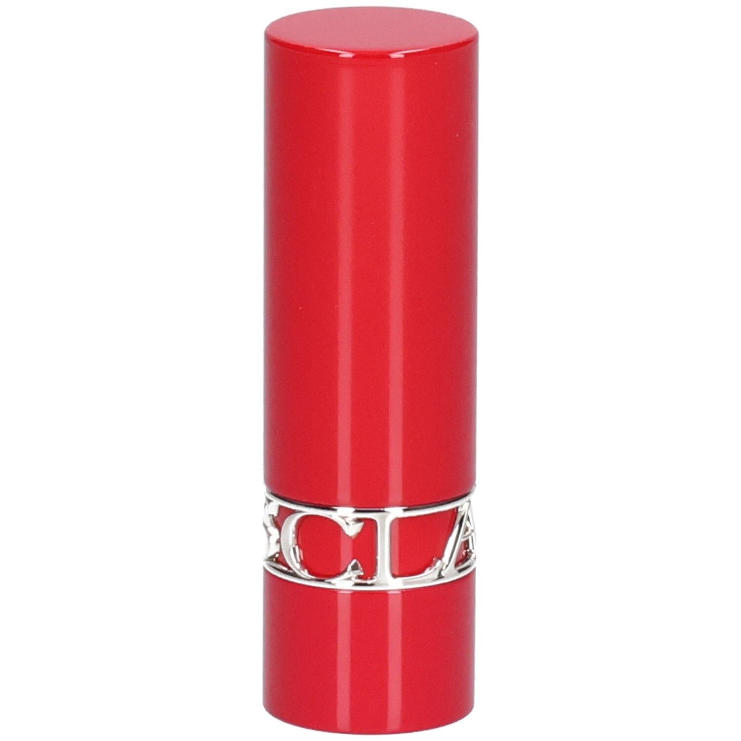 Rouge à lèvres rouge avec un anneau argenté.