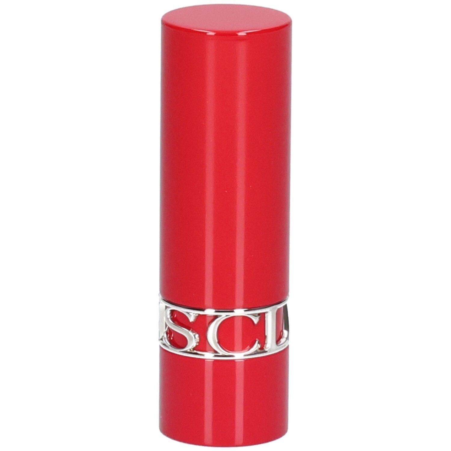 Rouge à lèvres rouge avec un anneau argenté.