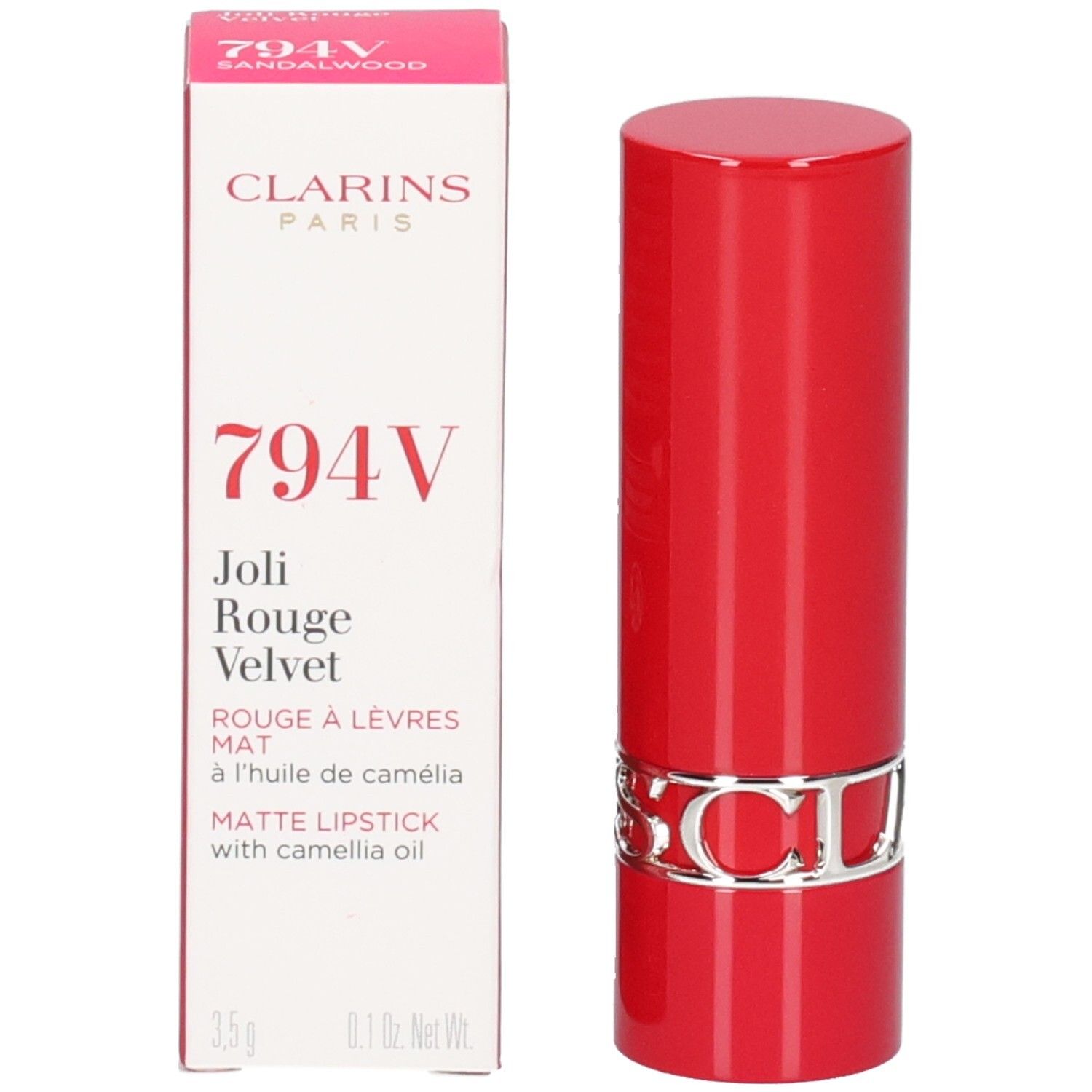 Clarins Joli Rouge Velvet 794V Sandalwood, rouge à lèvres rouge et emballage.