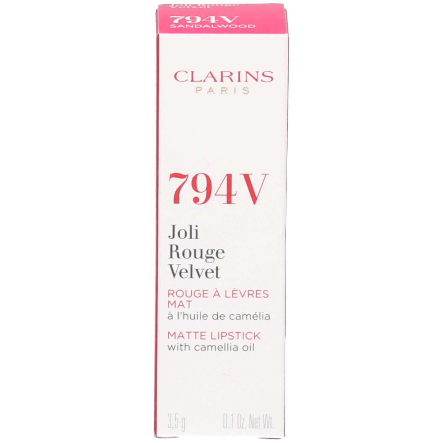 Clarins Joli Rouge Velvet 794V Sandalwood, rouge à lèvres rouge et emballage.