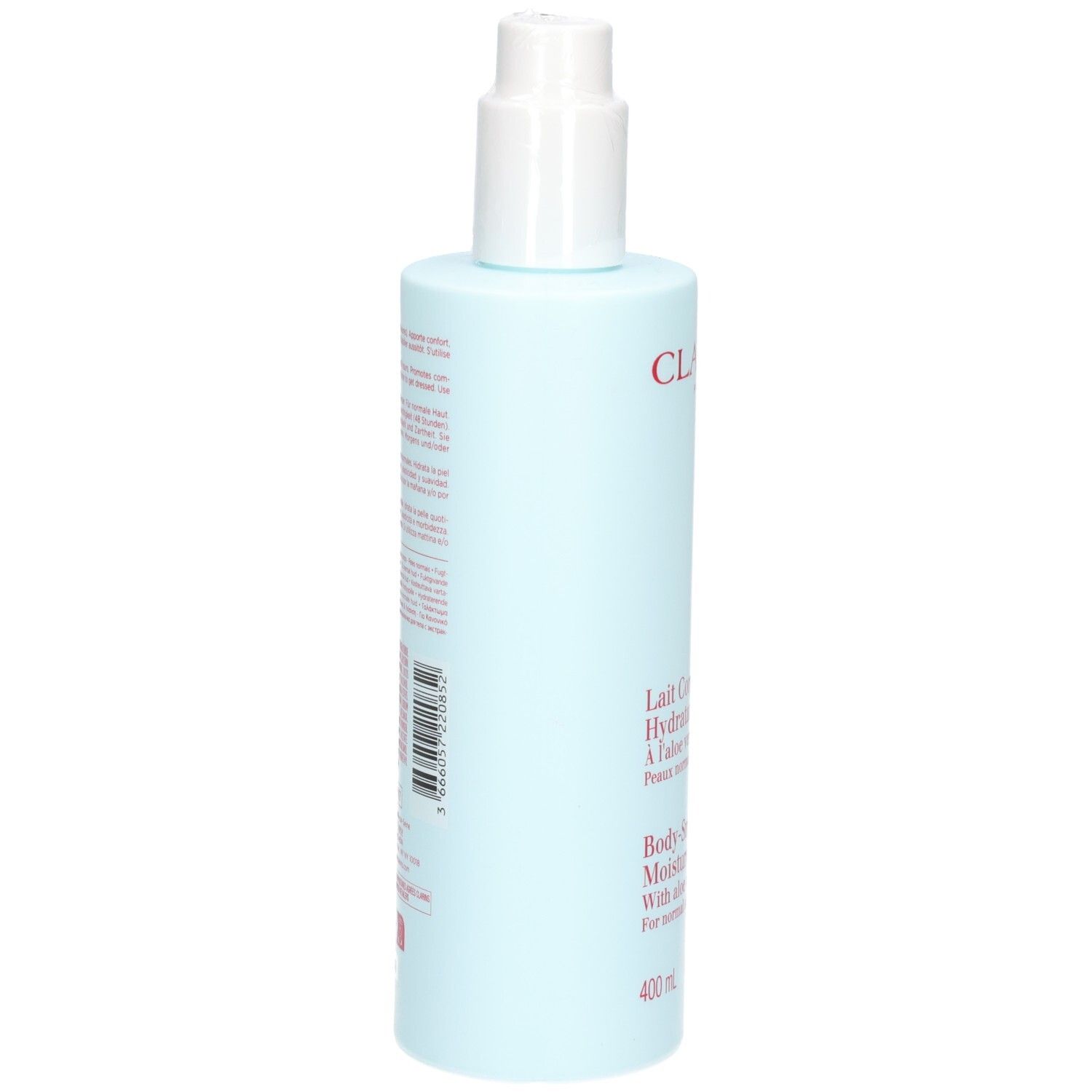 Clarins Lait Corps Hydratant Velours, Dos avec informations produit et code-barres.