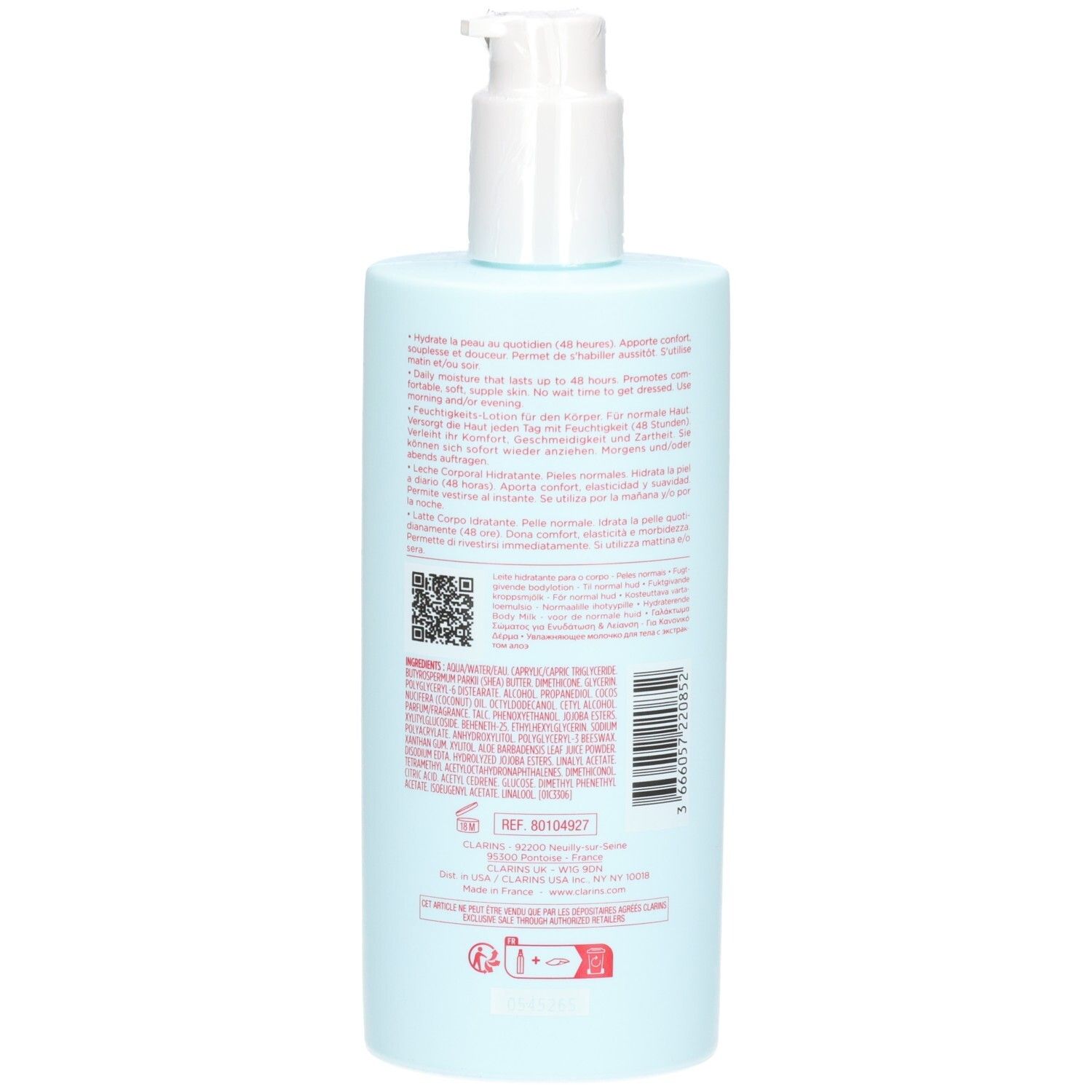 Clarins Lait Corps Hydratant Velours, Dos avec instructions d'utilisation détaillées et ingrédients.