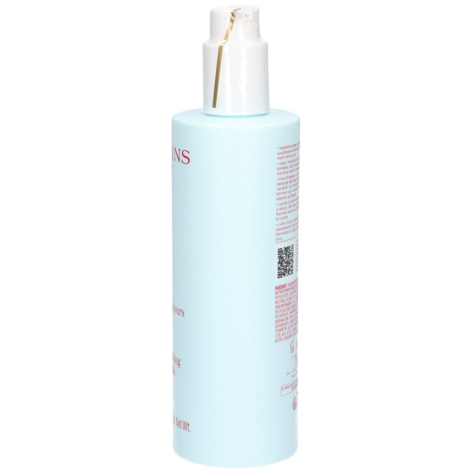 Clarins Lait Corps Hydratant Velours, Vue de côté du lait pour le corps avec pompe.