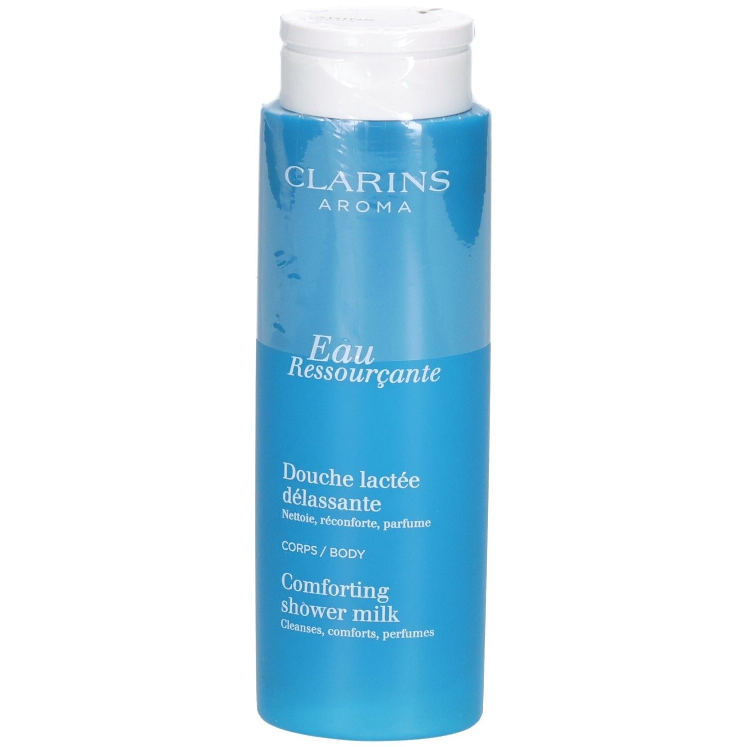 Clarins Eau Ressourcante Lait Douche dans une bouteille bleue avec un bouchon rabattable blanc.