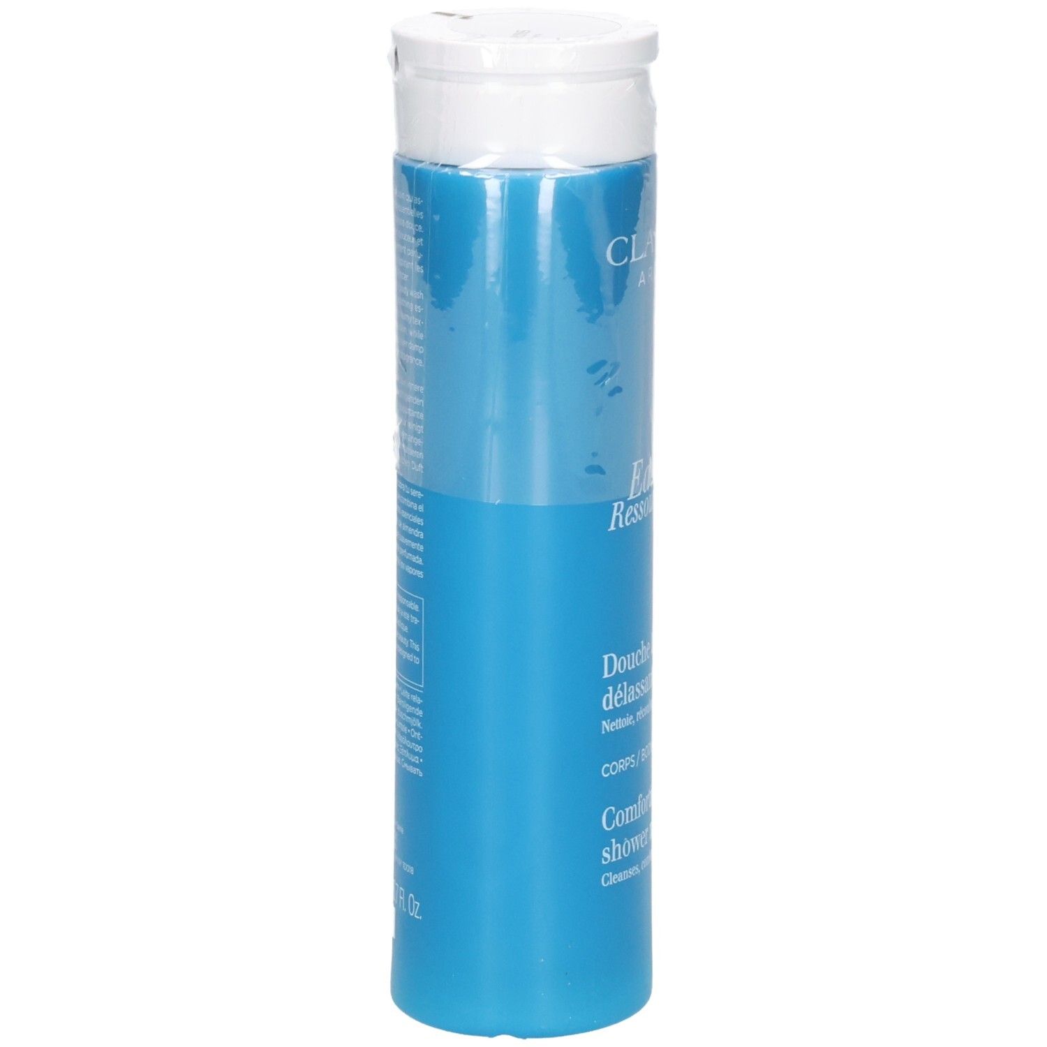Clarins Eau Ressourcante Lait Douche, vue latérale de la bouteille bleue avec bouchon blanc.
