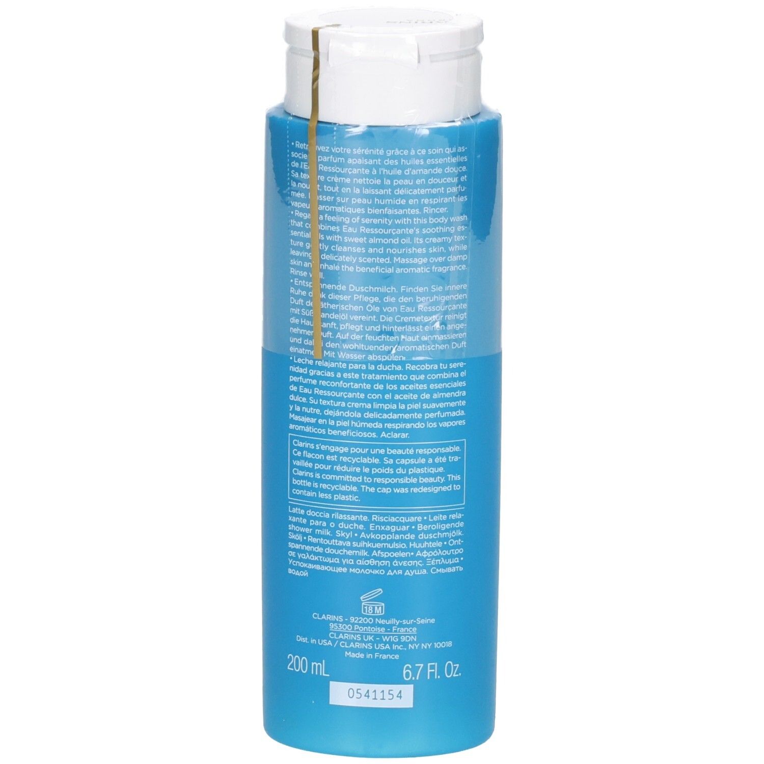 Arrière de la bouteille Clarins Eau Ressourcante Lait Douche avec informations produit.