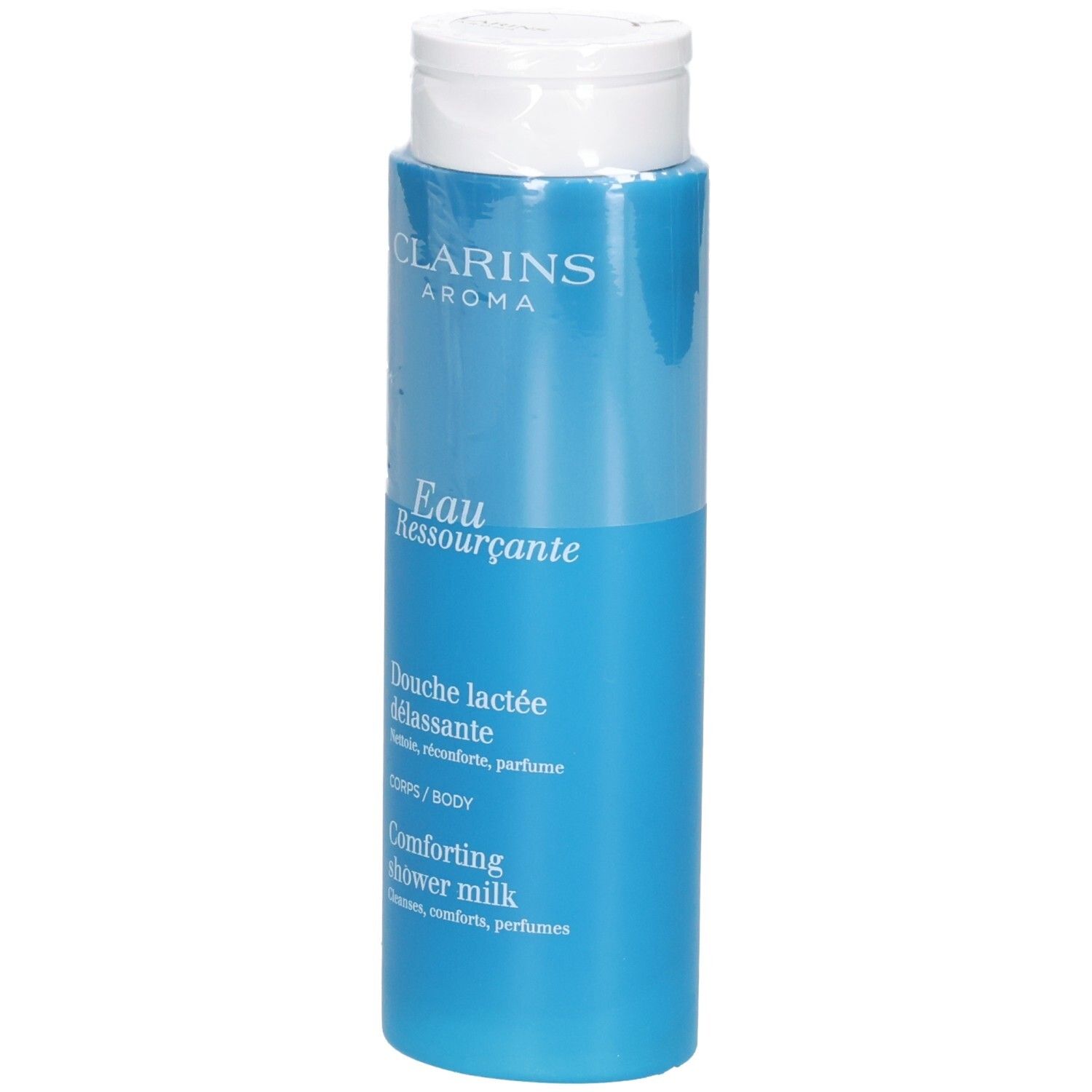 Clarins Eau Ressourcante Lait Douche dans une bouteille bleue avec un bouchon rabattable blanc.