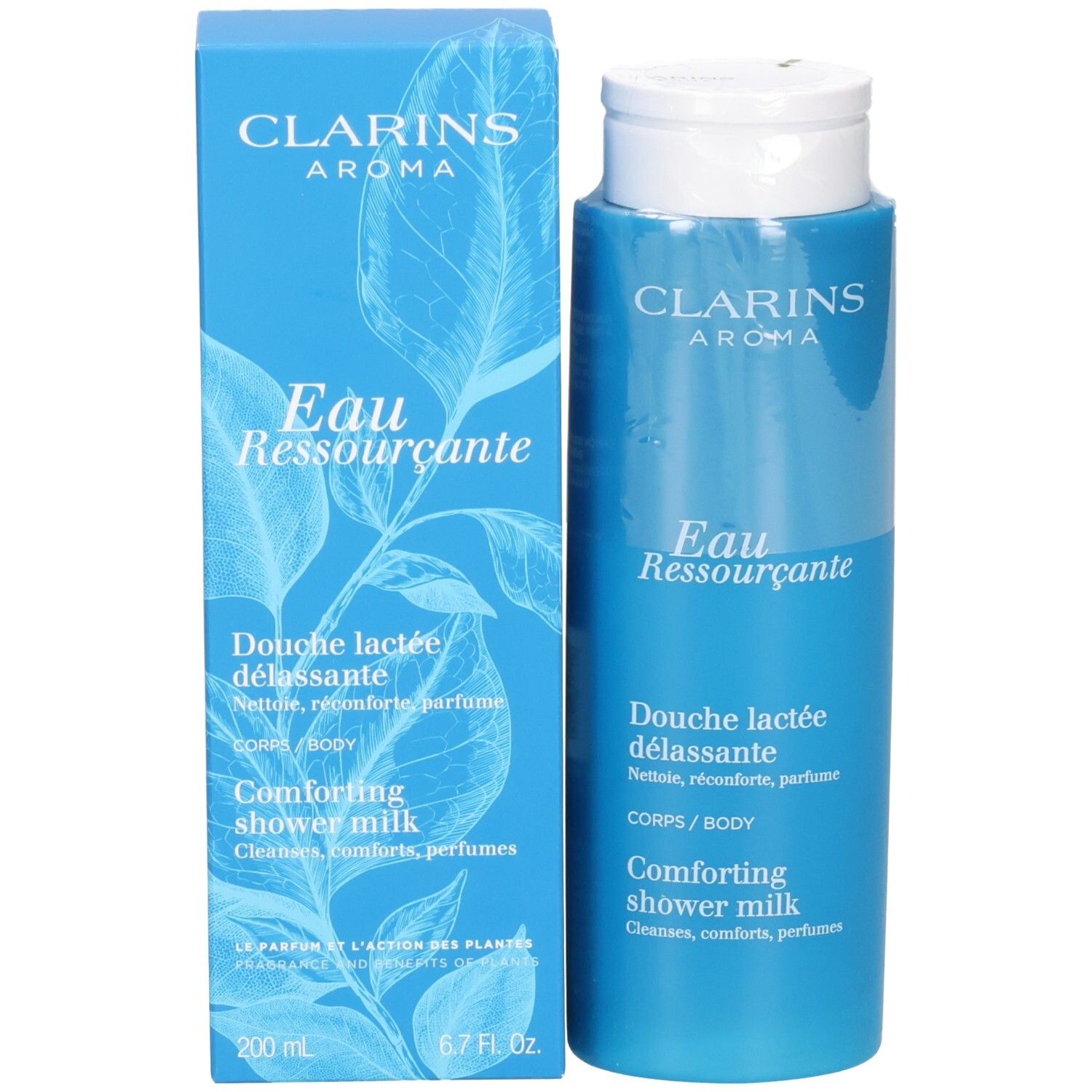 Bouteille Clarins Eau Ressourcante Lait Douche à côté de sa boîte d'emballage bleue.