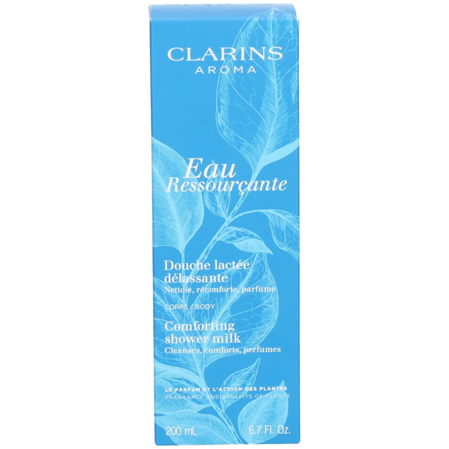 Boîte d'emballage Clarins Eau Ressourcante Lait Douche avec motif de feuilles.