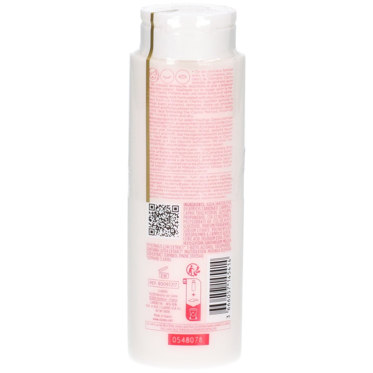 Clarins Lait Velours Démaquillant, verso avec code-barres et QR code.