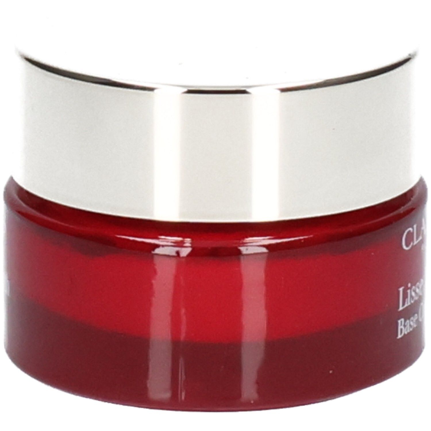 Pot Clarins Lisse Minute Base Comblante, base en verre rouge, couvercle argenté.