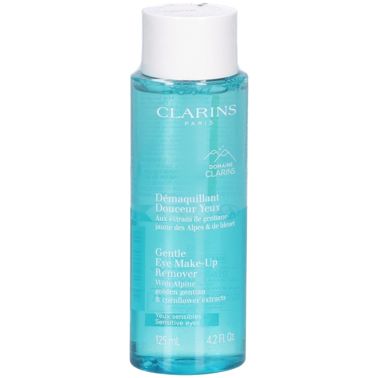 Démaquillant pour les yeux Clarins, liquide bleu clair dans une bouteille transparente avec un bouchon blanc.