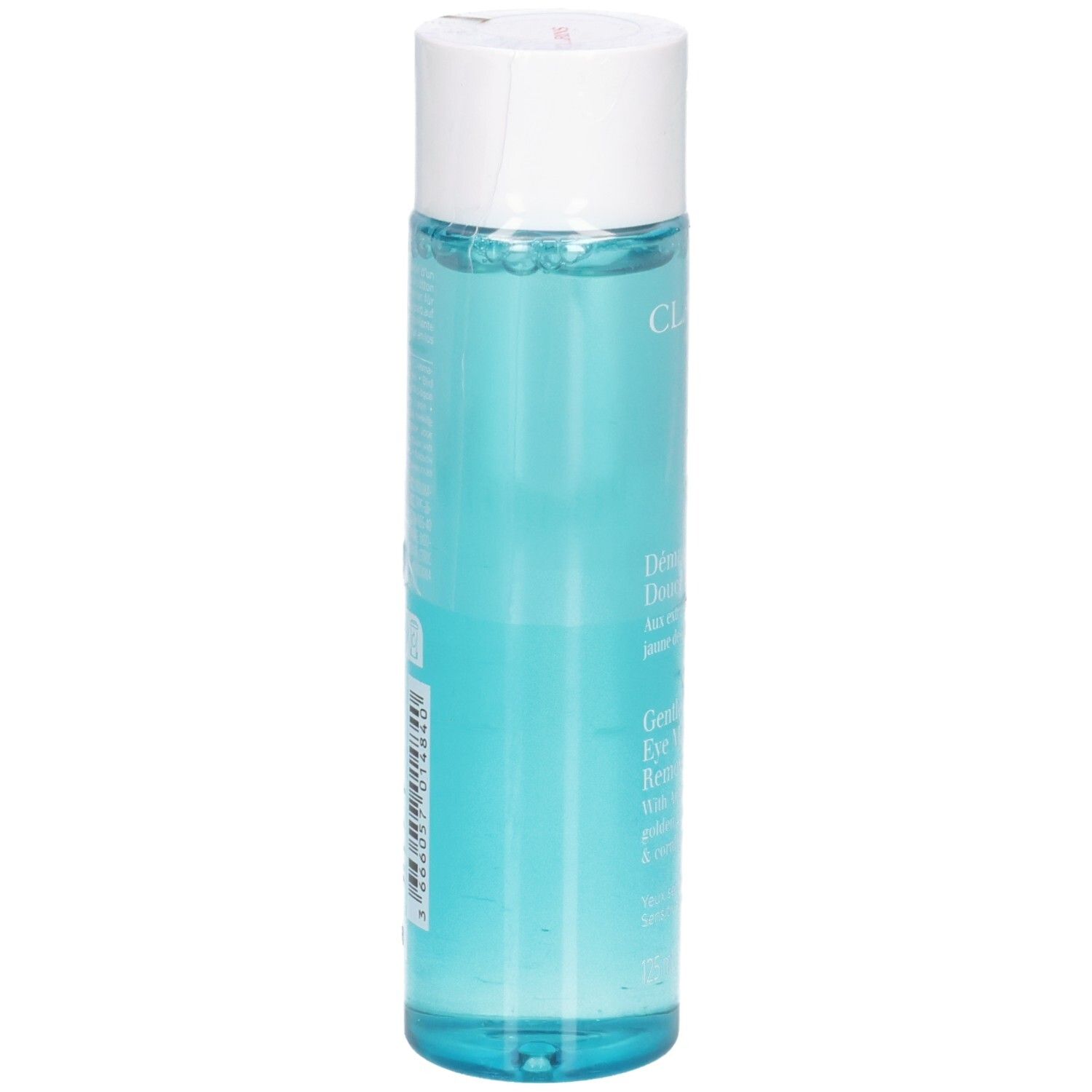 Démaquillant pour les yeux Clarins, arrière de la bouteille transparente avec bouchon blanc, liquide bleu.