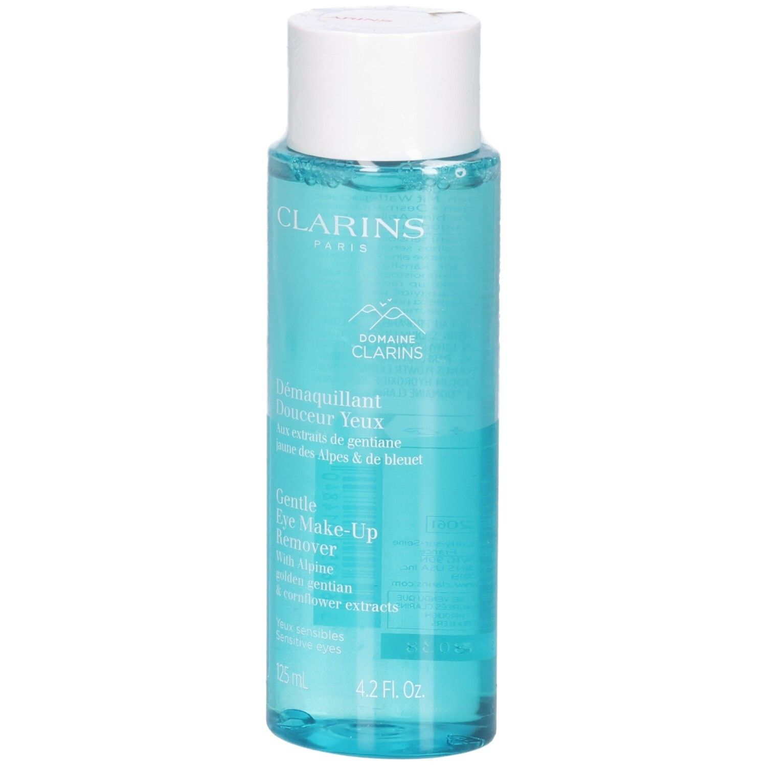 Démaquillant pour les yeux Clarins, liquide bleu clair dans une bouteille transparente avec un bouchon blanc.