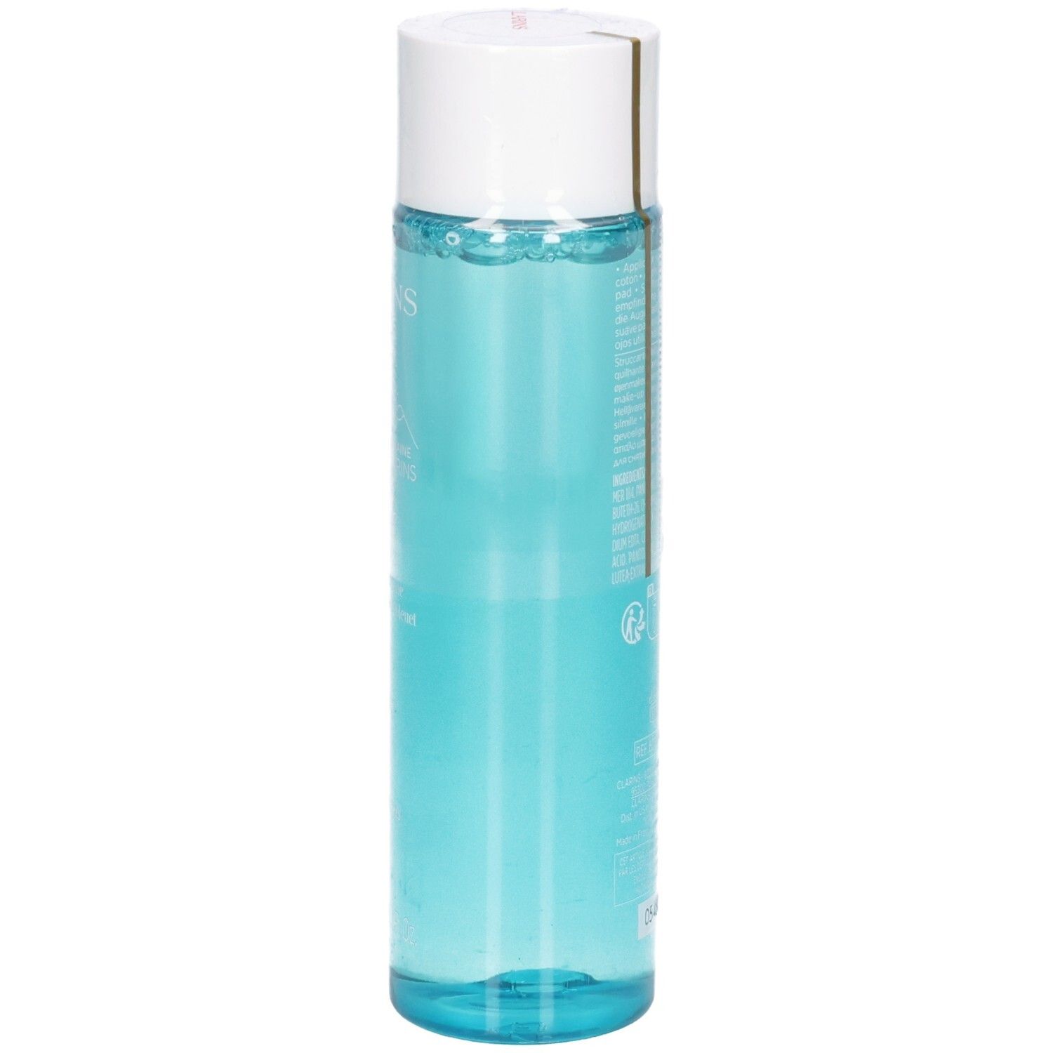 Démaquillant pour les yeux Clarins, côté de la bouteille transparente avec bouchon blanc, liquide bleu.