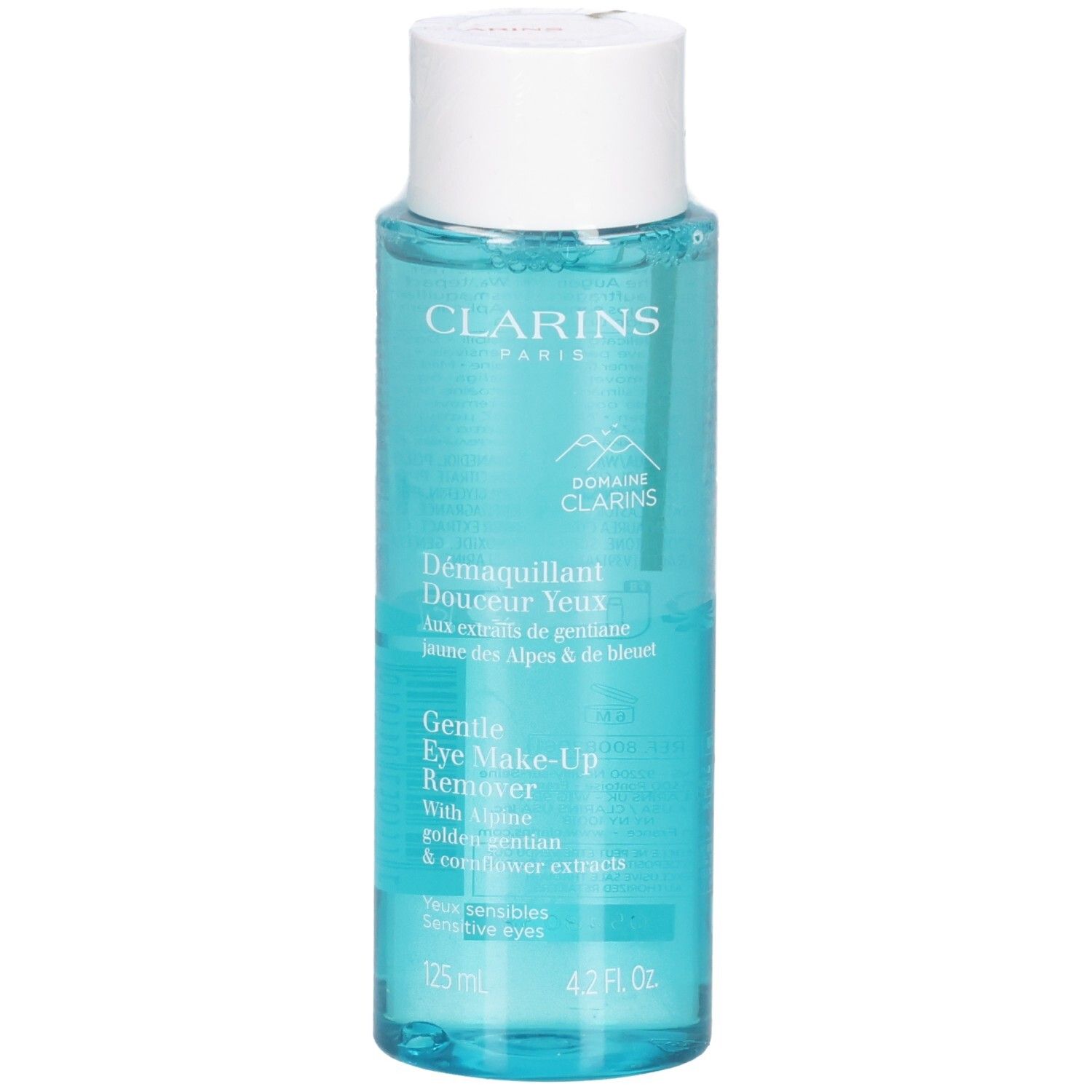 Démaquillant pour les yeux Clarins, liquide bleu clair dans une bouteille transparente avec un bouchon blanc.